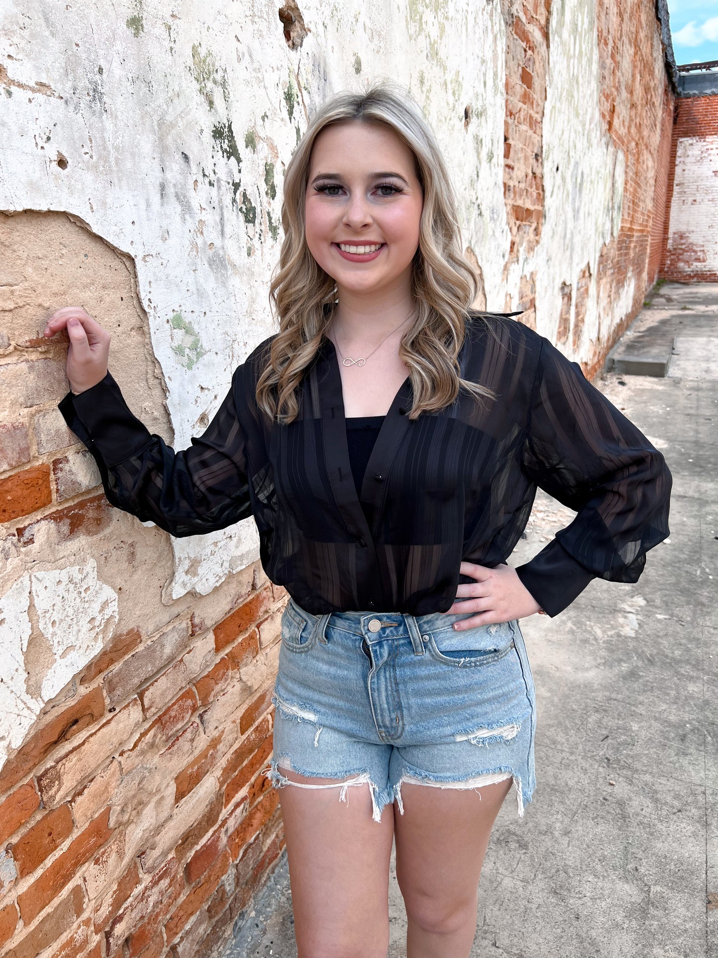 Aiyana Sheer Button Down Tunic Top-Top-ee:some-Fd 05/28/24,Max Retail,TK9394,Tops Collection-The Twisted Chandelier