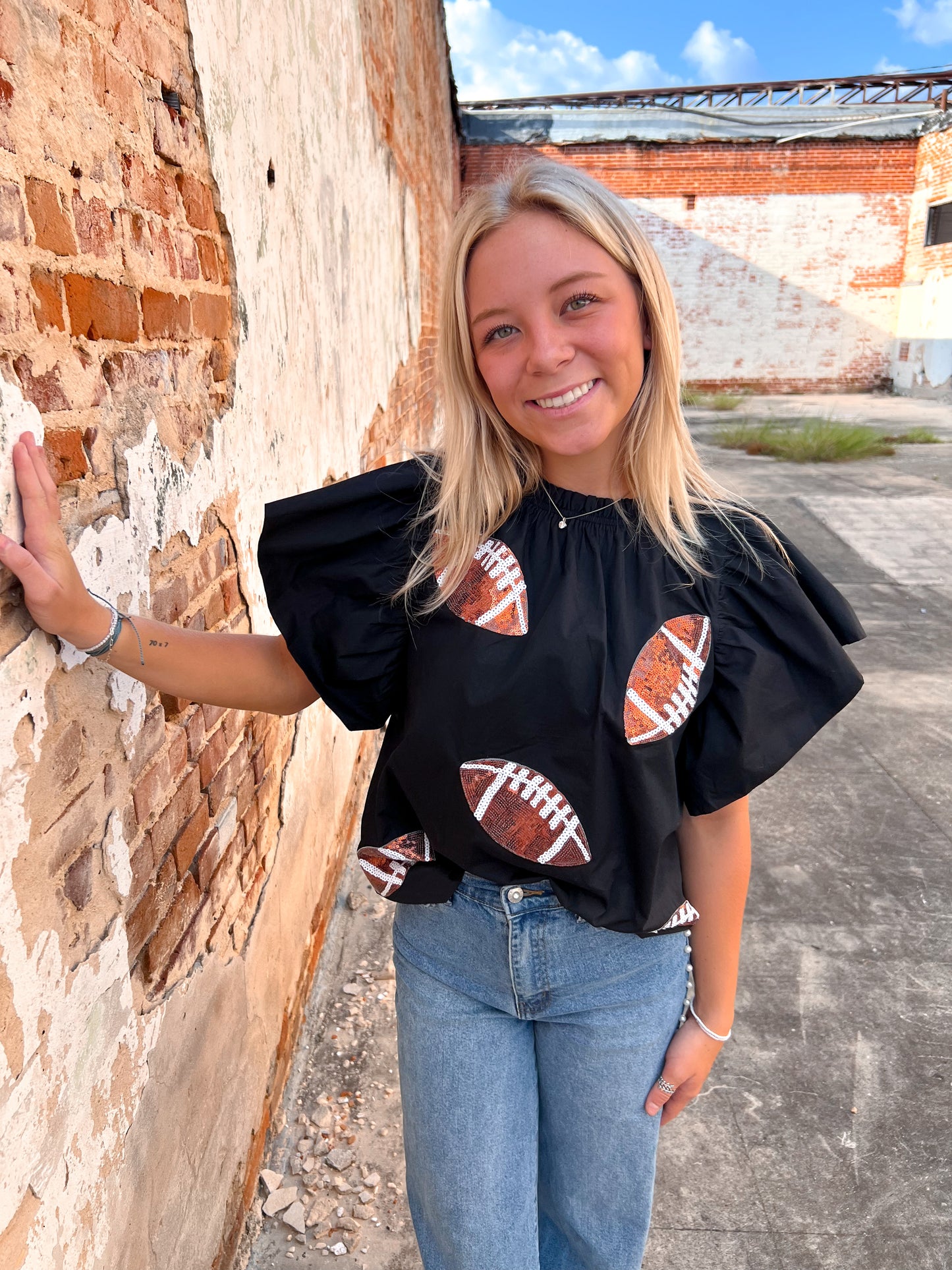 Football Sequin Patch Solid Poplin Blouse-BLOUSE TOP-oddi-10/11/24,1st md,Bin c1,Bin C3,Cr05/29/24,gameday,IT16963,Max Retail,OGP 49.99,Tops Collection-The Twisted Chandelier