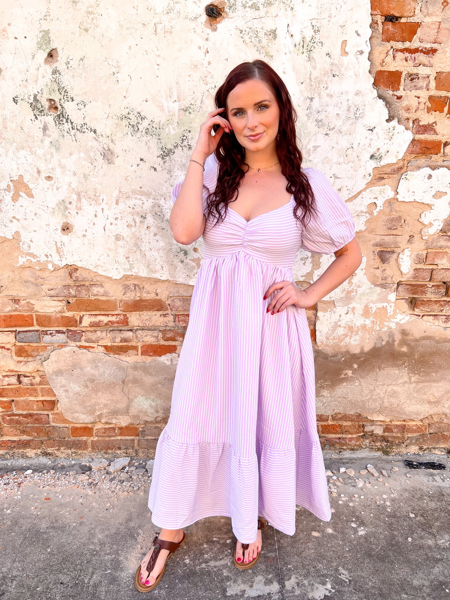 Emily Sweetheart Neck Striped Midi Dress With Smocked Back - Lavender-Dresses-in february-Bin a4,DJR,dress,FD 03/18/25-The Twisted Chandelier