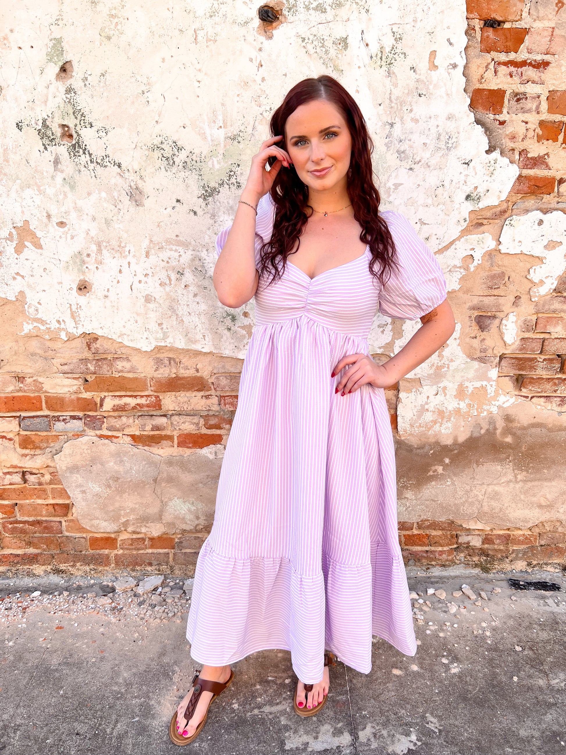 Emily Sweetheart Neck Striped Midi Dress With Smocked Back - Lavender-Dresses-in february-05/14/25,1st md,BIN D3,DJR,dress,FD 03/18/25,OGP 69.99-The Twisted Chandelier