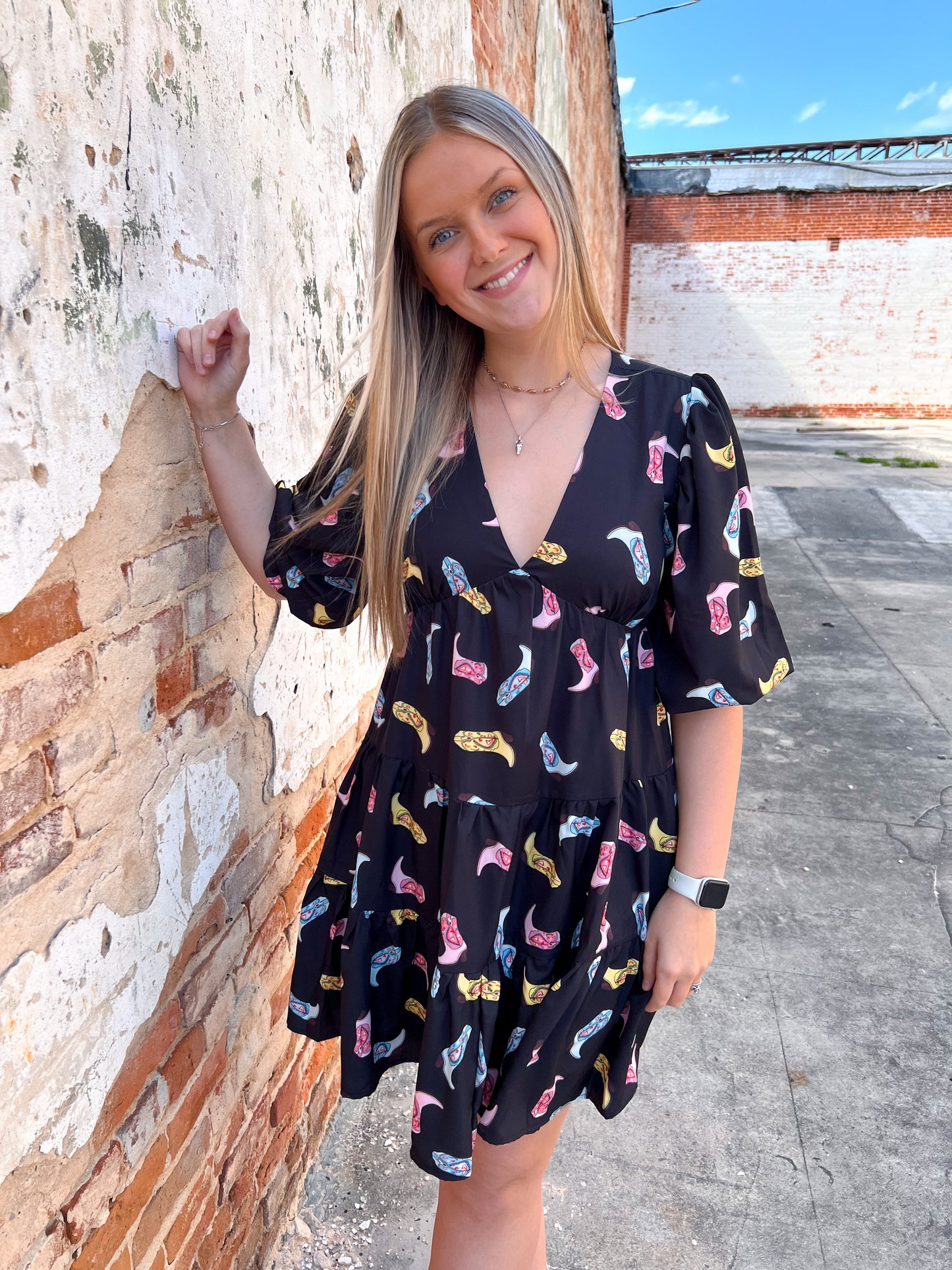 Alma Cowboy Boot Print Woven Dress-Dresses-She & Sky-09/03/24,1st md,Bin b2,DJR,FD 04/23/24,SY5861-The Twisted Chandelier