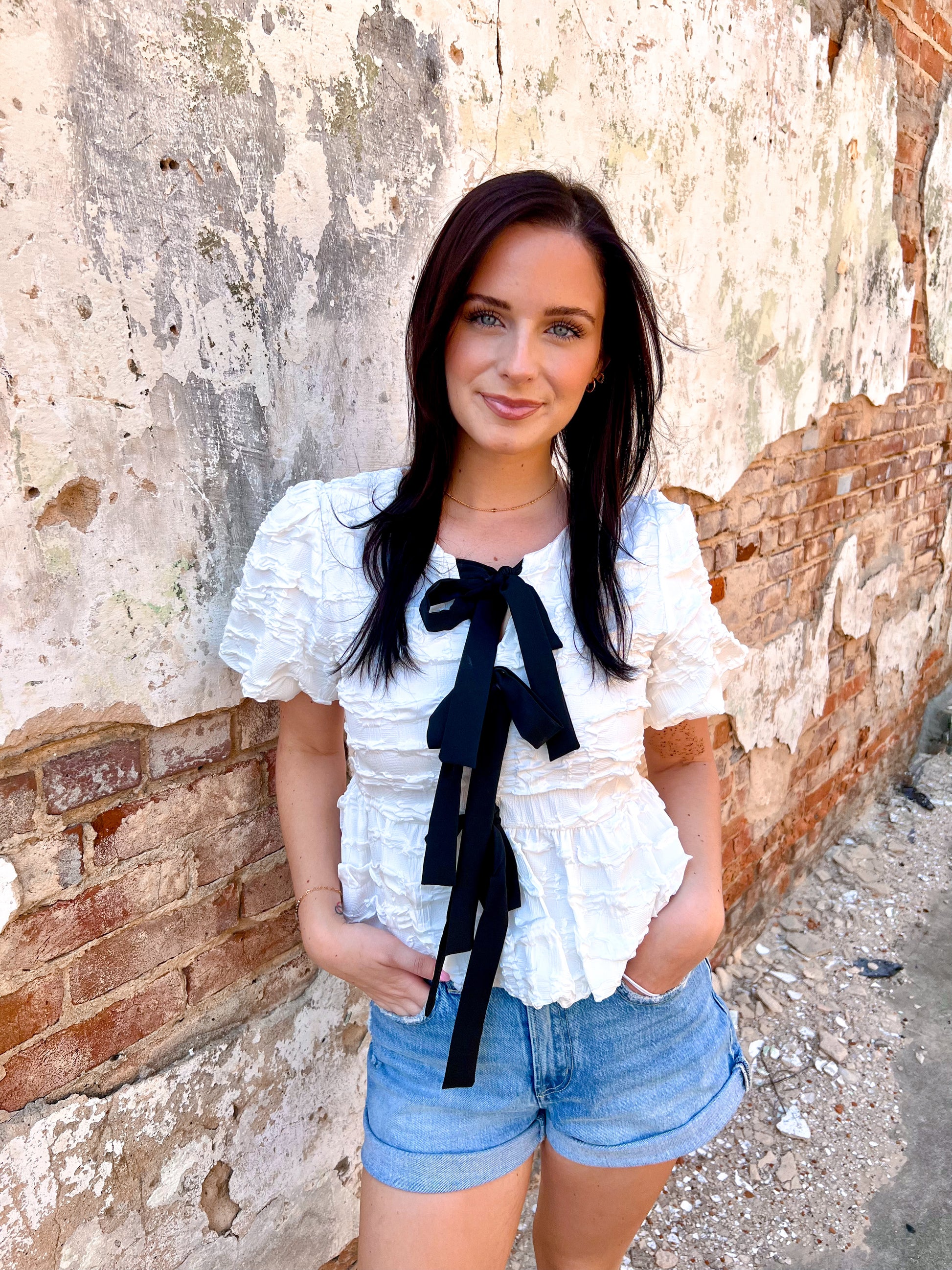 Brooklyn Bubble Babydoll Blouse With Textured Fabric And Contrast Bow-Blouse-idem ditto-1st md,BIN A 3,FD 02/18/25,OGP 54.95,Tops Collection-The Twisted Chandelier