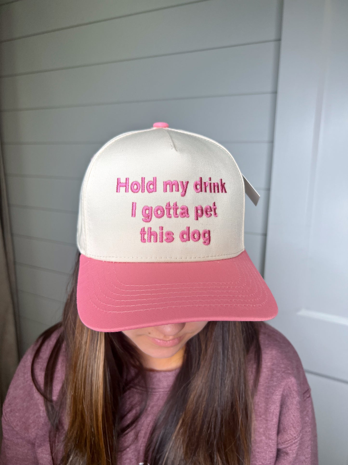 Hold My Drink I Gotta Pet This Dog Vintage Hat-Katydid-FD 05/13/25-Pink and Tan-The Twisted Chandelier