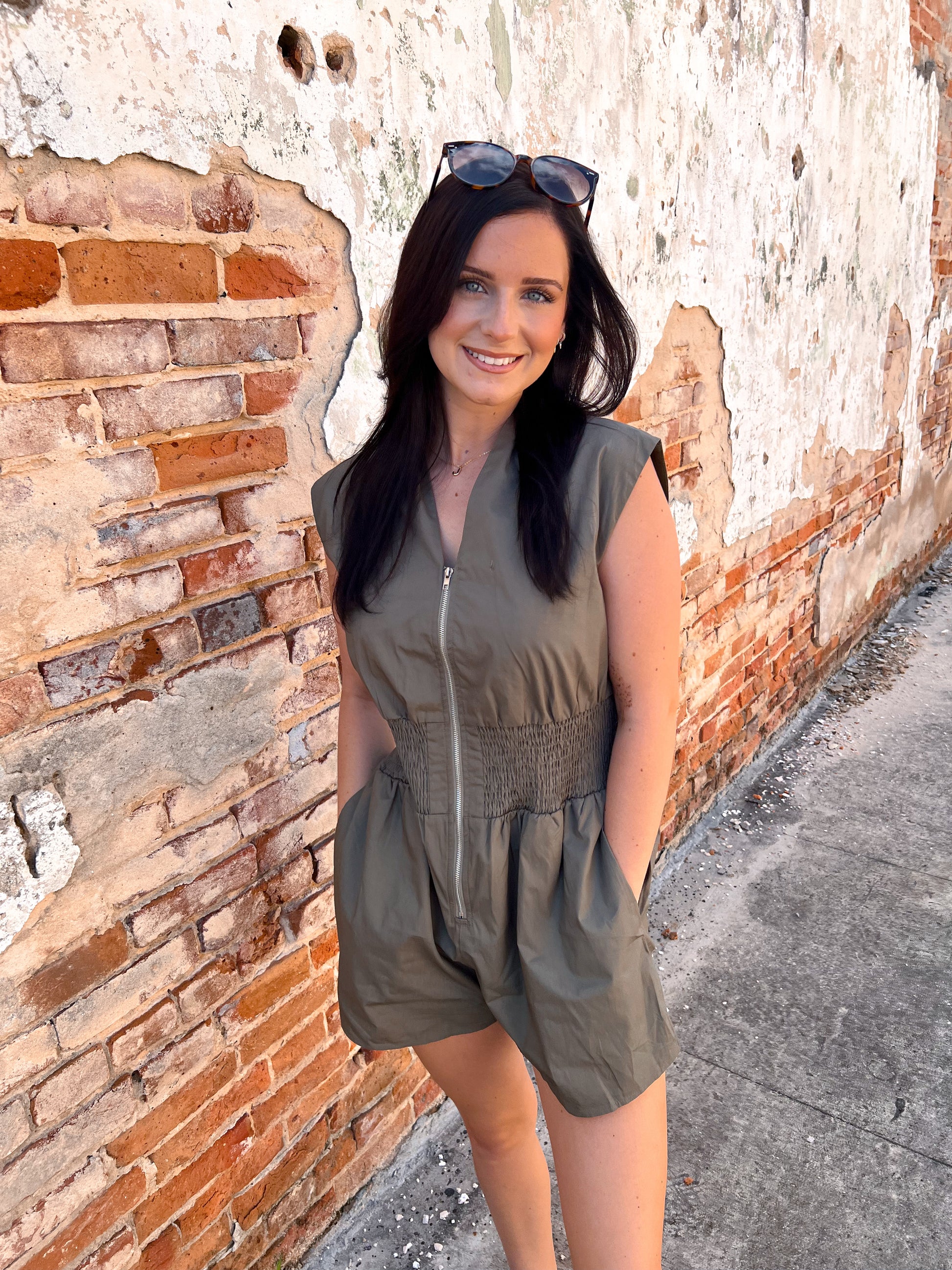 Jackie Woven Smocked Waist Front Zip Romper-Romper-She & Sky-BIN A 3,DJR,FD 05/27/25-The Twisted Chandelier