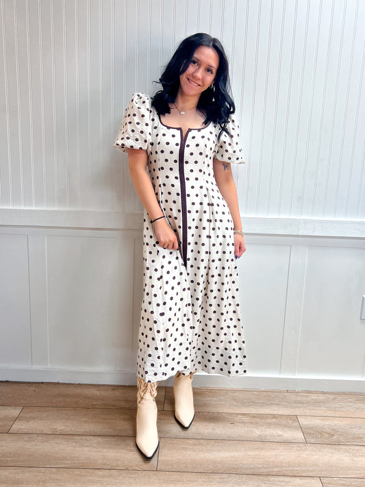 Vivi Polka Dot Short Puff Sleeve Midi Dress