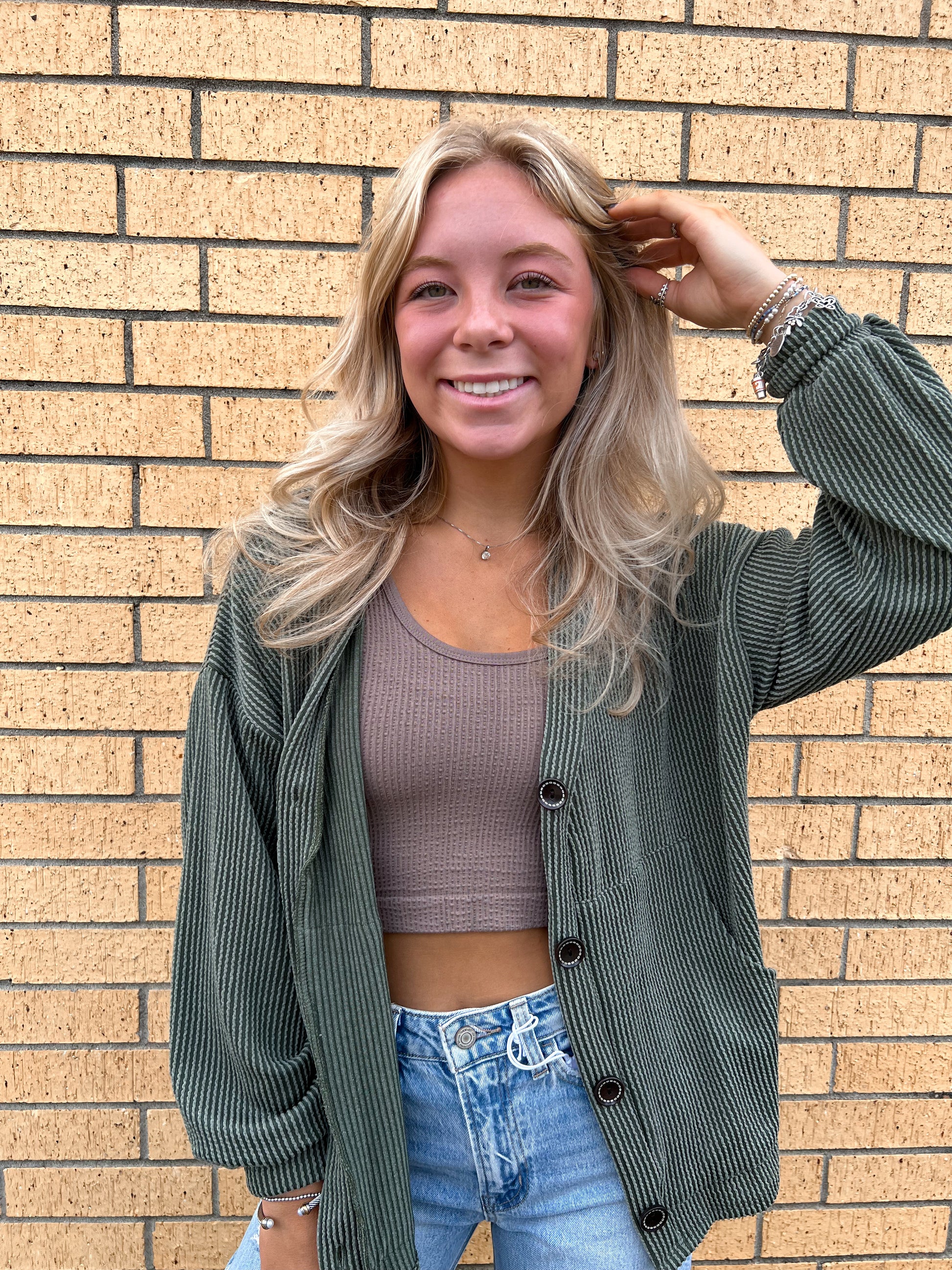 Kate Solid Rib Drop Shoulder Button Balloon Sleeve Cardigan - Olive-7th Ray-BIN A2,FD 09/22/25-The Twisted Chandelier