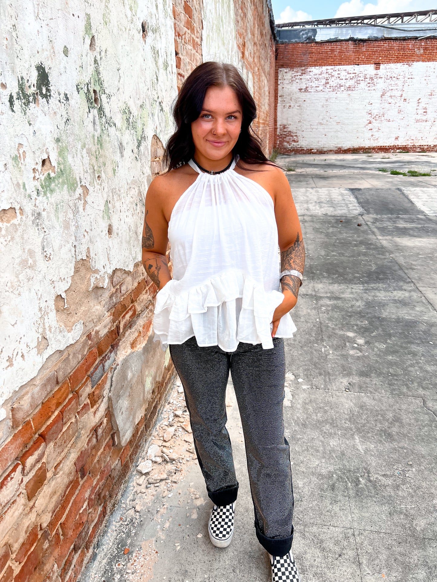 Mikayla Halter Ruffle Sleevless Blouse Top-Top-mazik-04/25,05/27/24,1st md,Bin a4,Max Retail,not on the floor only in the bins,Tops Collection-The Twisted Chandelier
