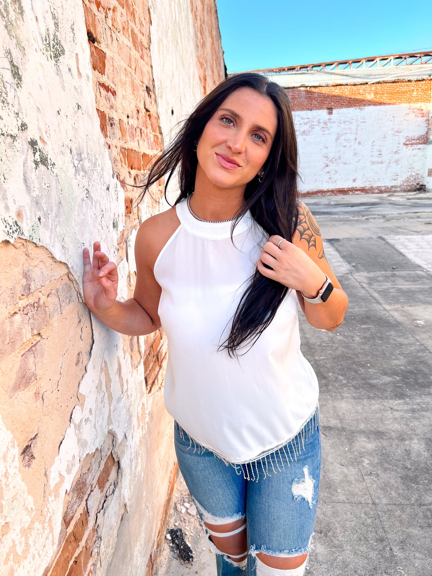 Maelani White Top With Rhinestone Fringe-Shirt-Southern Grace Wholesale-04/21/25,05/25/24,1st md,6/27/23,Max Retail,Tops Collection,western & concert-The Twisted Chandelier