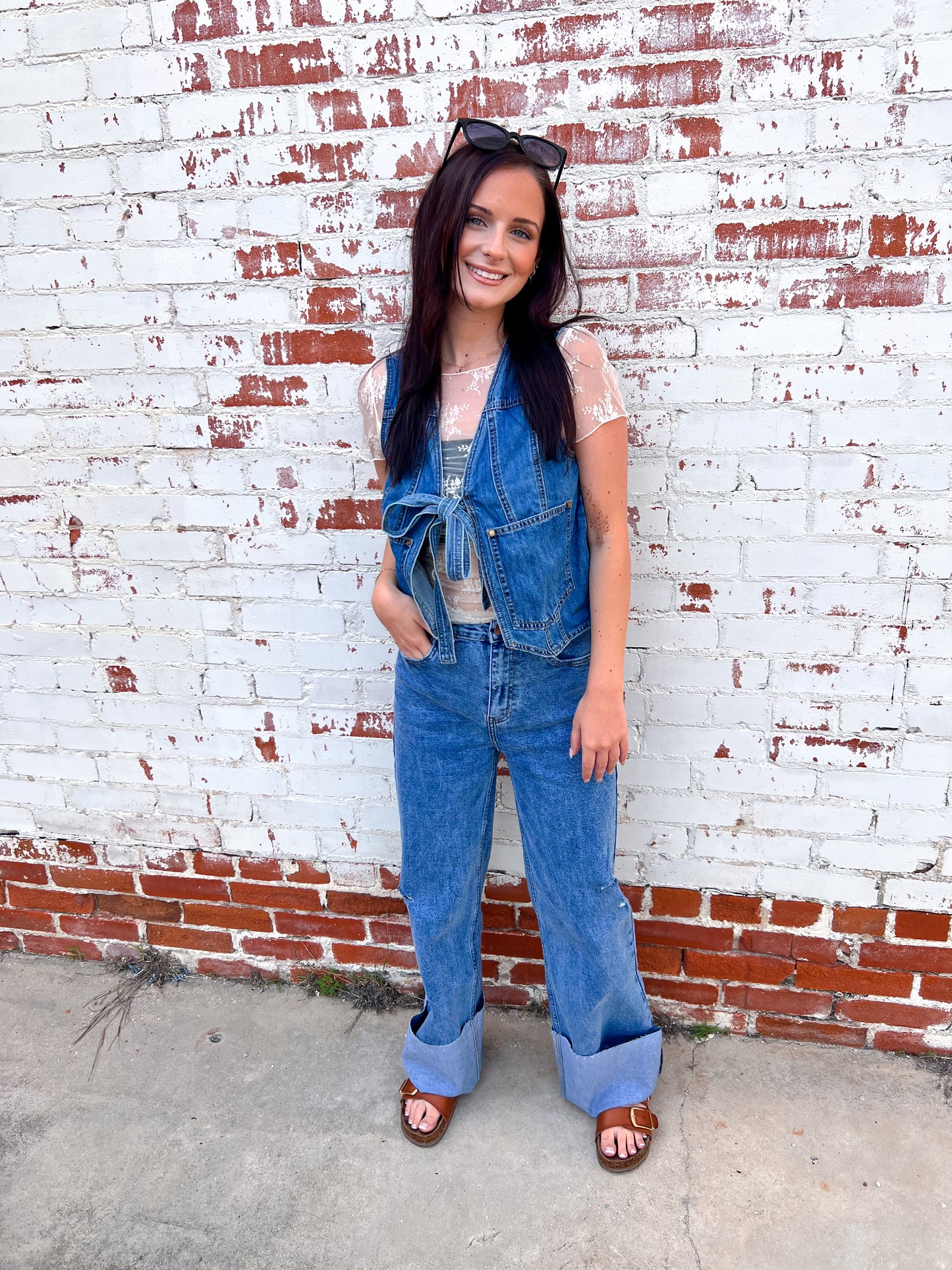 Kassie Denim Front Tie Vest-vest-Listicle-1st md 6/11,Bin B5,CR 05/10/25,OGP 54.95,Tops Collection-The Twisted Chandelier