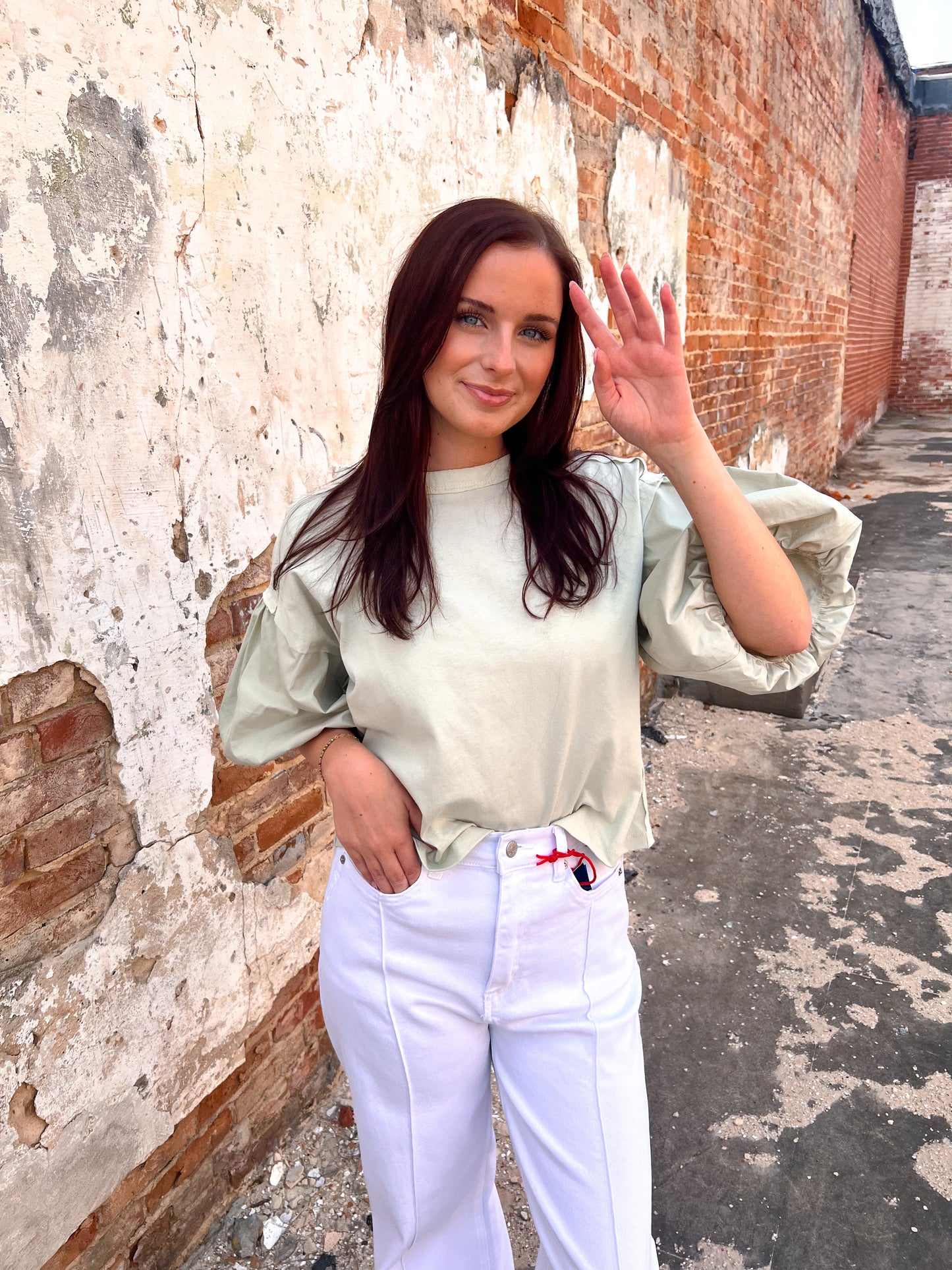 Sage Oversized Cotton Jersey Top With Voluminous Bubble Sleeves-in february-05/14/25,1st md,Fd 03/25/25,OGP 54.95,Tops Collection-The Twisted Chandelier