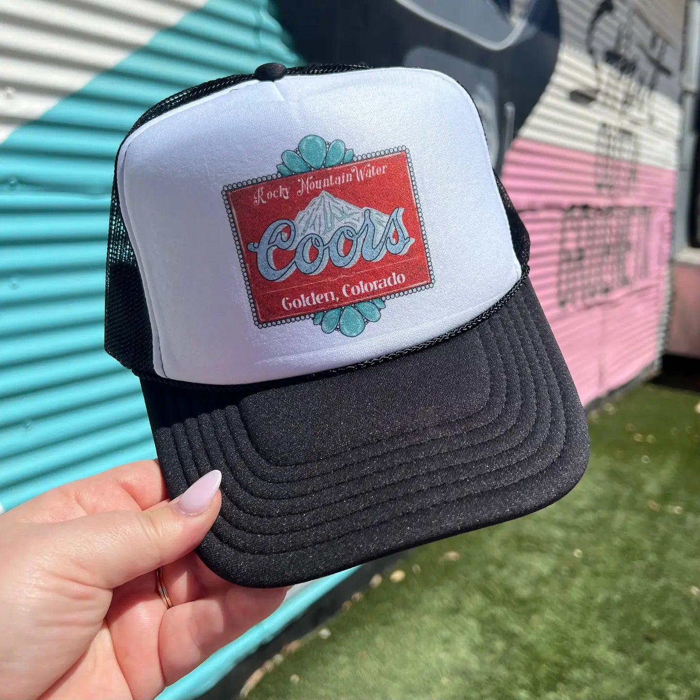 Rocky Mountain Water Snapback Foam Trucker Hat-Trucker Hat-Turquoise & Tequila-CR 04/21/25-The Twisted Chandelier