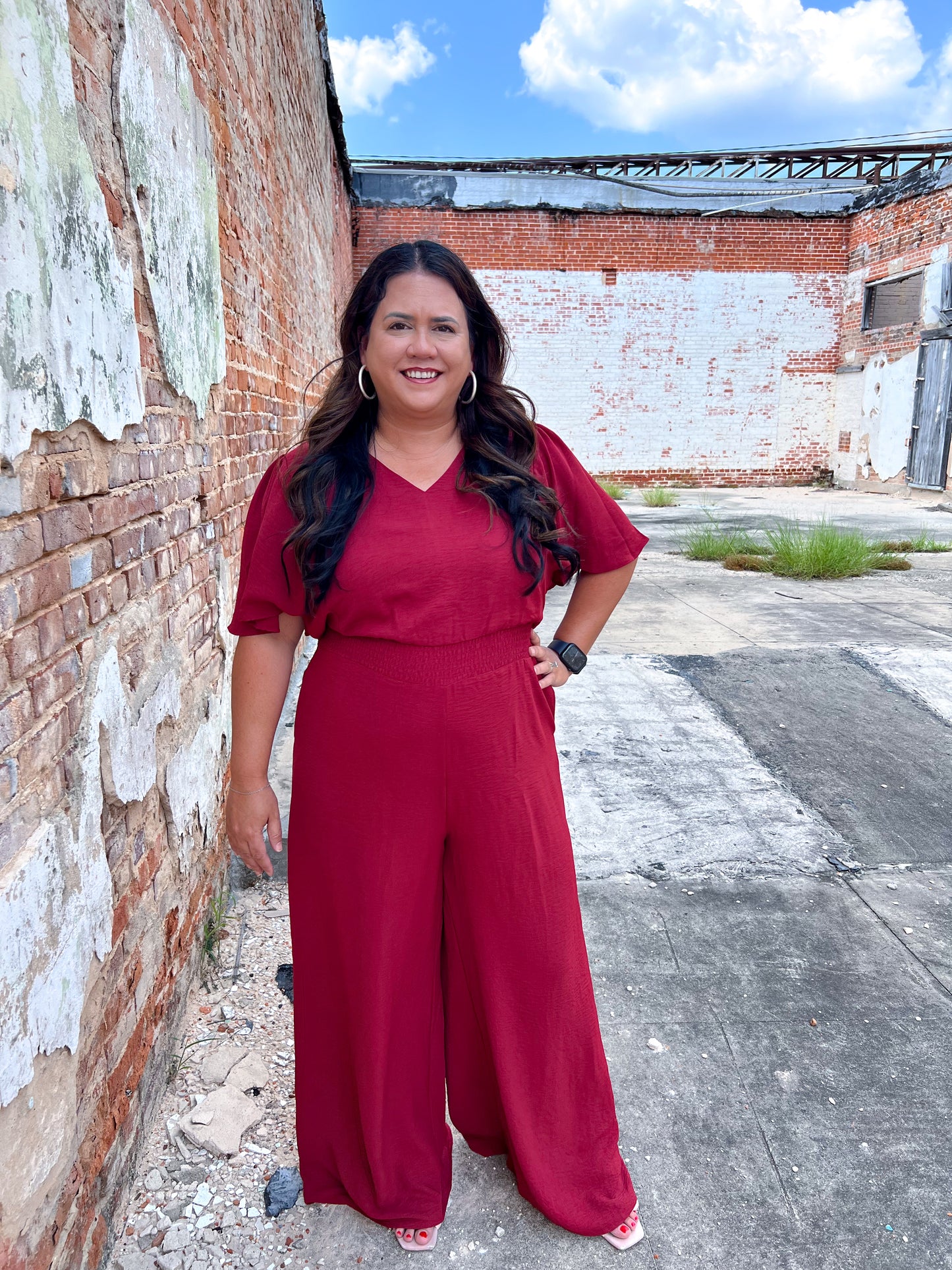 Xena Flounce Sleeve Waist Smock Wide Leg Jumpsuit with Pockets-Jumpsuits & Rompers-She & Sky-1st md,Bin B3,CR 08/05/24,DJR,gameday,OGP 64.99-The Twisted Chandelier