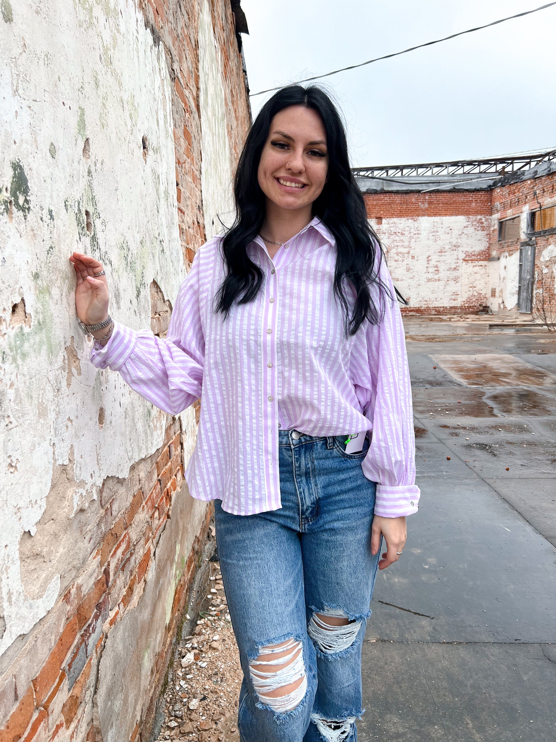 Blayne Button Down Cotton Lavender Striped Shirt-in february-05/14/25,1st md,BIN D3,FD 02/18/25,Tops Collection-The Twisted Chandelier