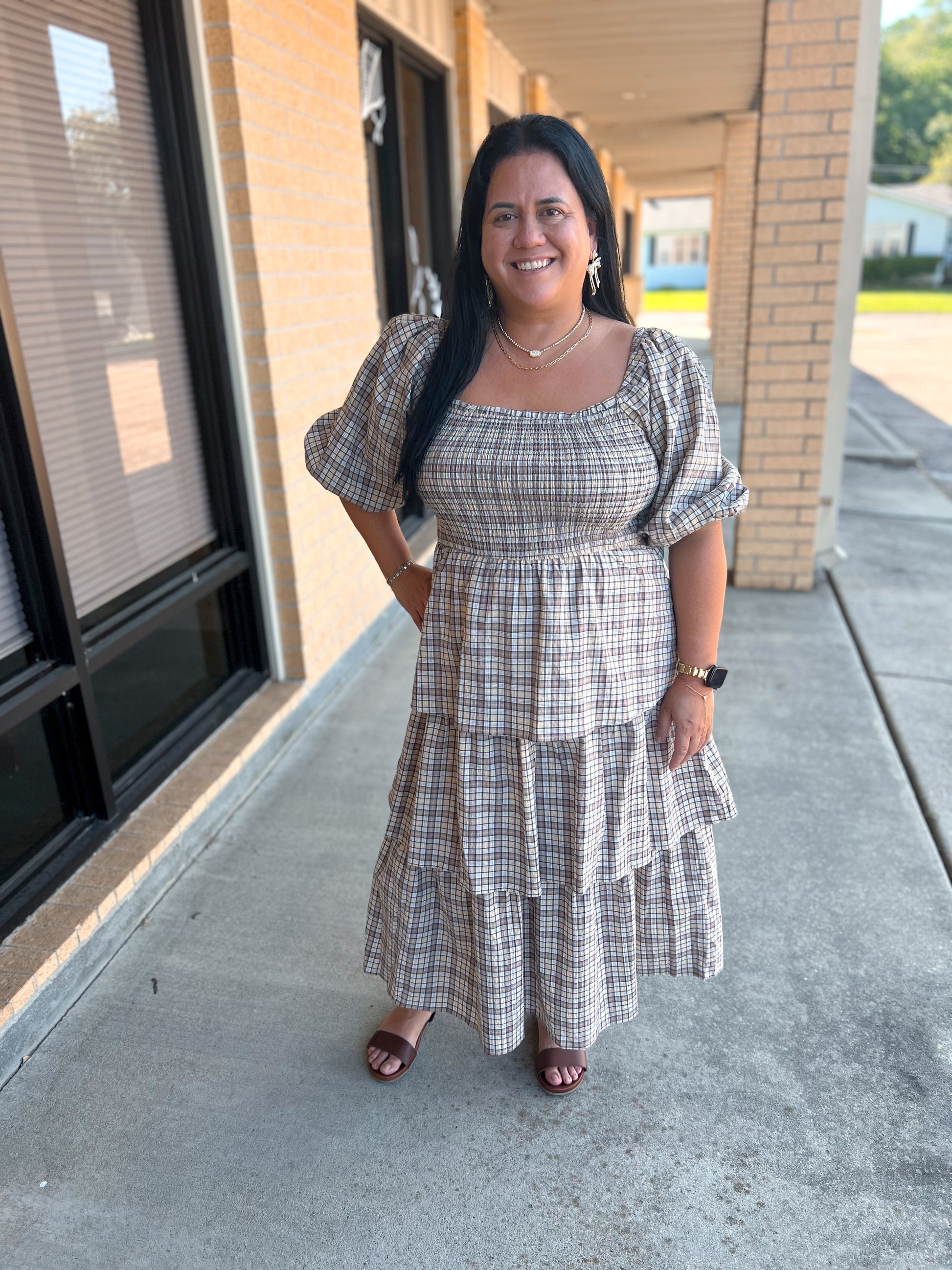 Charlotte Crinkled Plaid Smocked Top Midi Dress-Oddi-Bin B3,DJR-The Twisted Chandelier