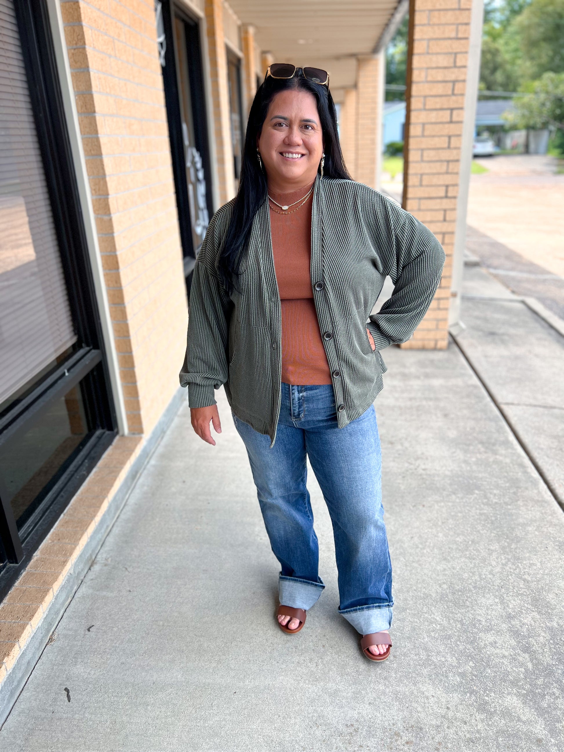 Kate Solid Rib Drop Shoulder Button Balloon Sleeve Cardigan - Olive-7th Ray-BIN A2,FD 09/22/25-The Twisted Chandelier