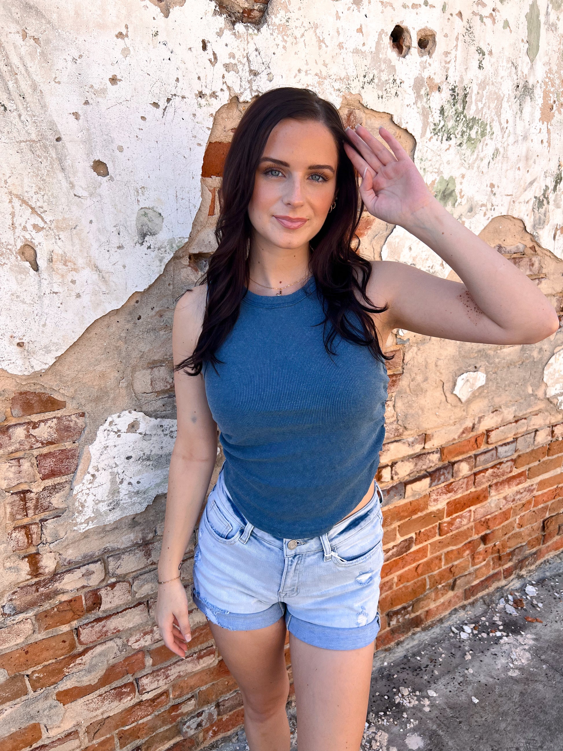 Willa Mineral Wash Rib Knit Tank Top - Blue-Tank Top-HYFVE-08/28/25,BIN A 3,CR 05/09/25,OGP 27.95,Tops Collection-The Twisted Chandelier