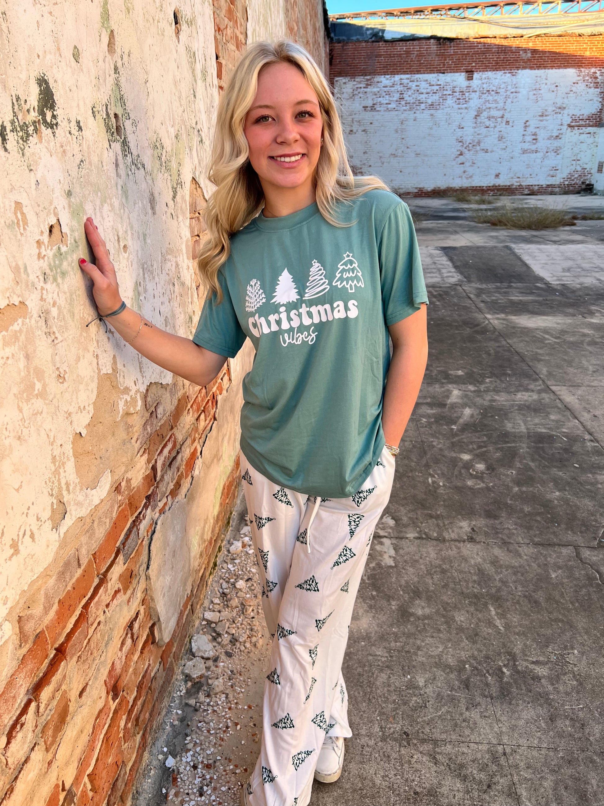 Christmas Pajamas Tree Printed Tee and Pants Lounge Set-fashionworks-Christmas tote ct1,FD 12/03/24-The Twisted Chandelier