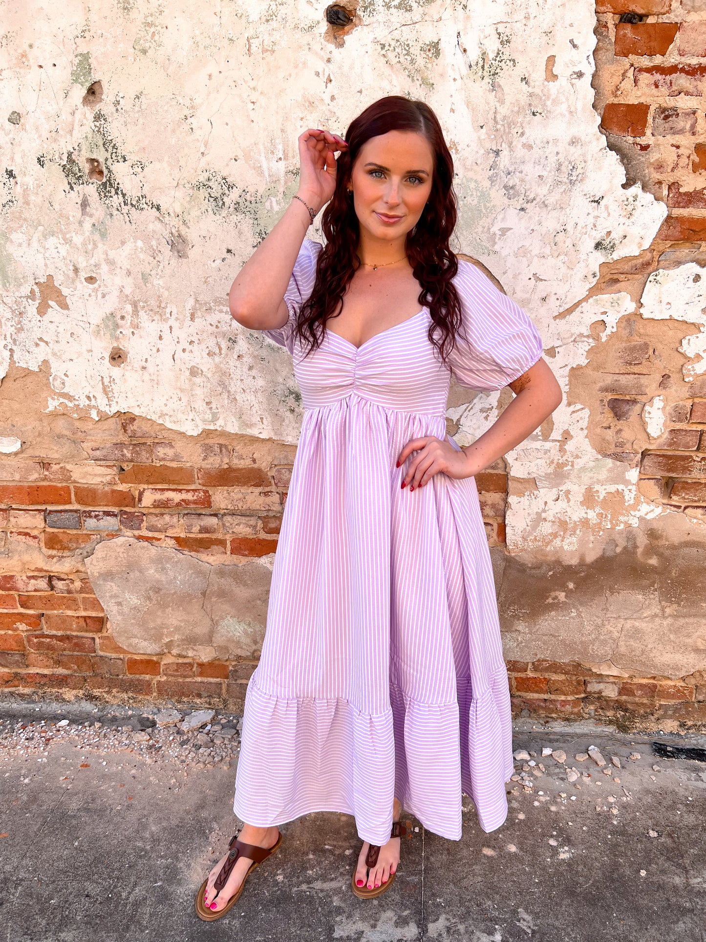 Emily Sweetheart Neck Striped Midi Dress With Smocked Back - Lavender-Dresses-in february-Bin a4,DJR,dress,FD 03/18/25-The Twisted Chandelier