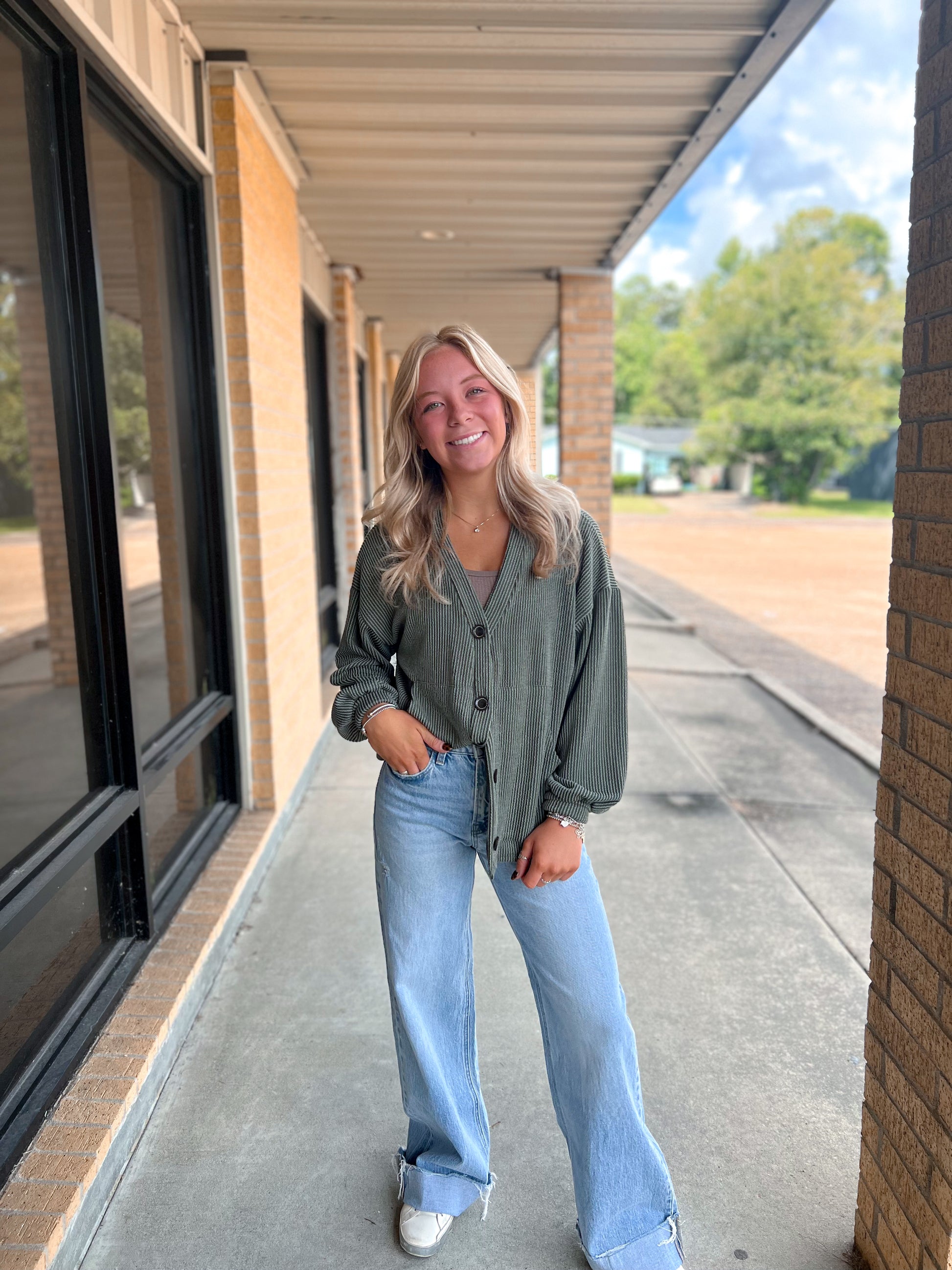 Kate Solid Rib Drop Shoulder Button Balloon Sleeve Cardigan - Olive-7th Ray-BIN A2,FD 09/22/25-The Twisted Chandelier