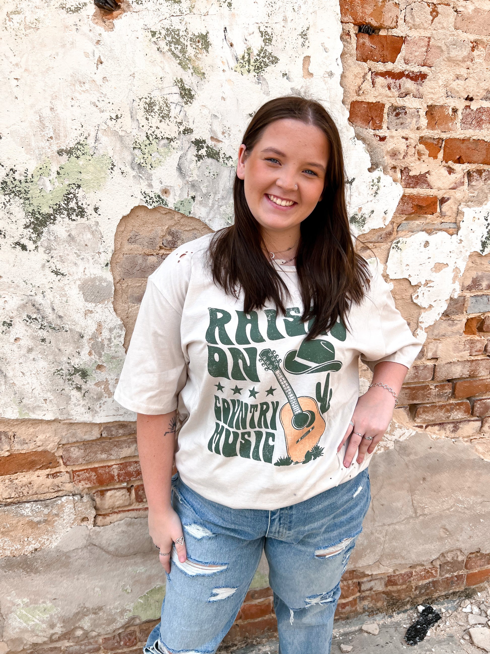 Raised on Country Music Distressed Rocker Tee - Plus-Rocker Tee-Zutter-04/21/25,05/25/24,1st md,88525-1992,FAVES,Max Retail,SH13535,Tops Collection,western & concert-The Twisted Chandelier