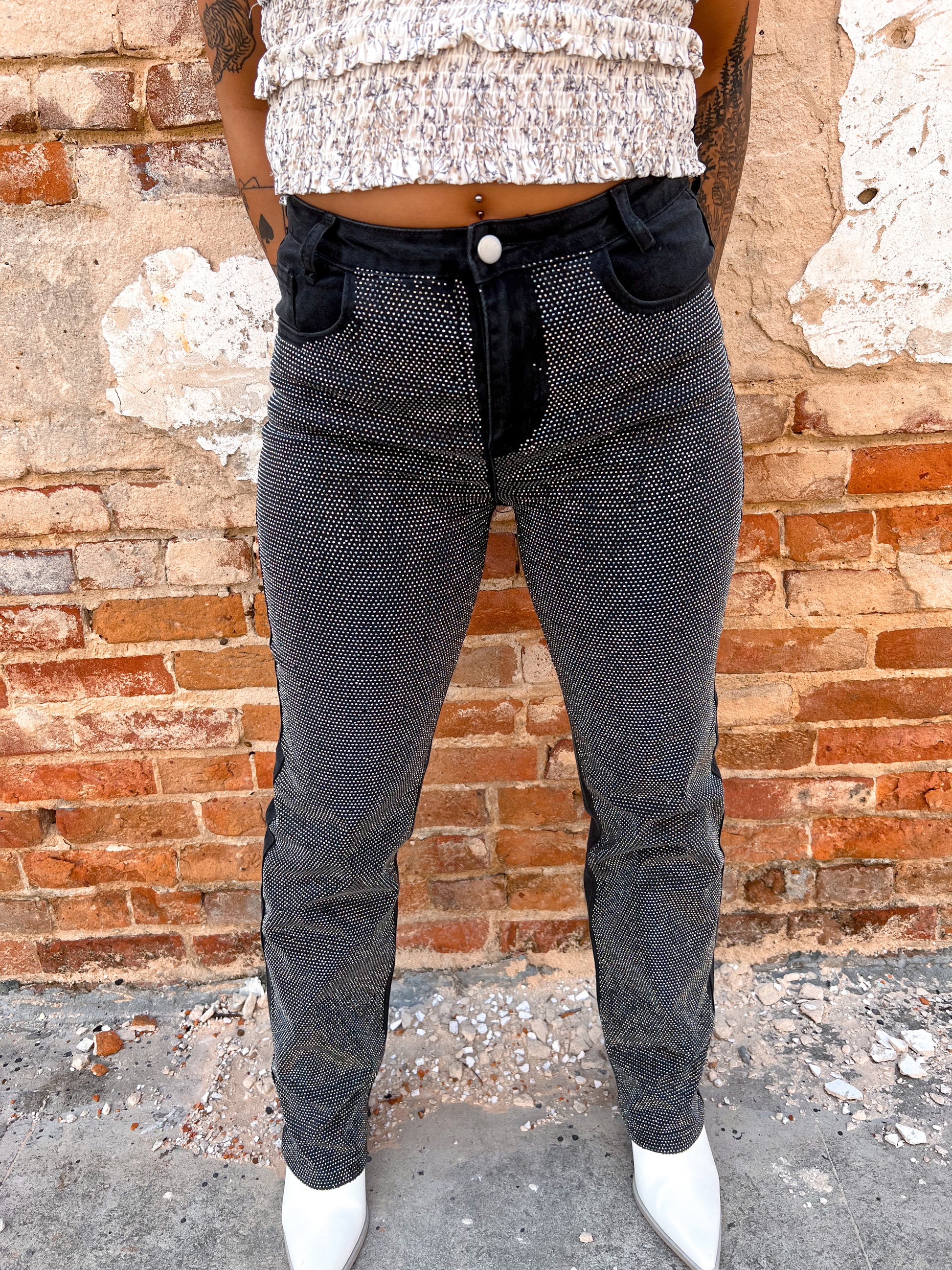 Ida High Rise Rhinestone Studded Black Denim Jeans-Denim-blue b.-bottoms,Max Retail,OGP 69.99,western & concert-The Twisted Chandelier