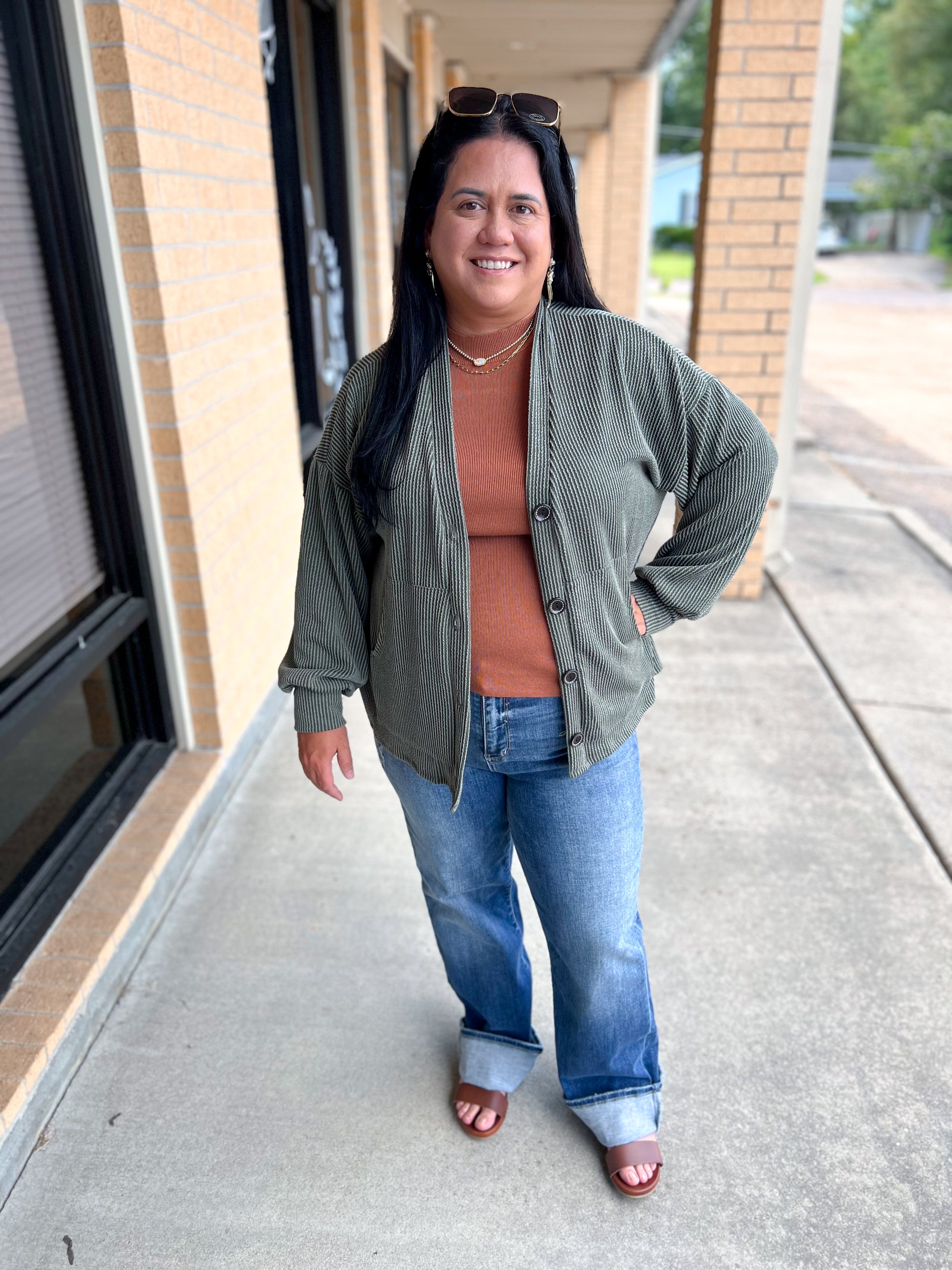 Kate Solid Rib Drop Shoulder Button Balloon Sleeve Cardigan - Olive-7th Ray-BIN A2,FD 09/22/25-The Twisted Chandelier