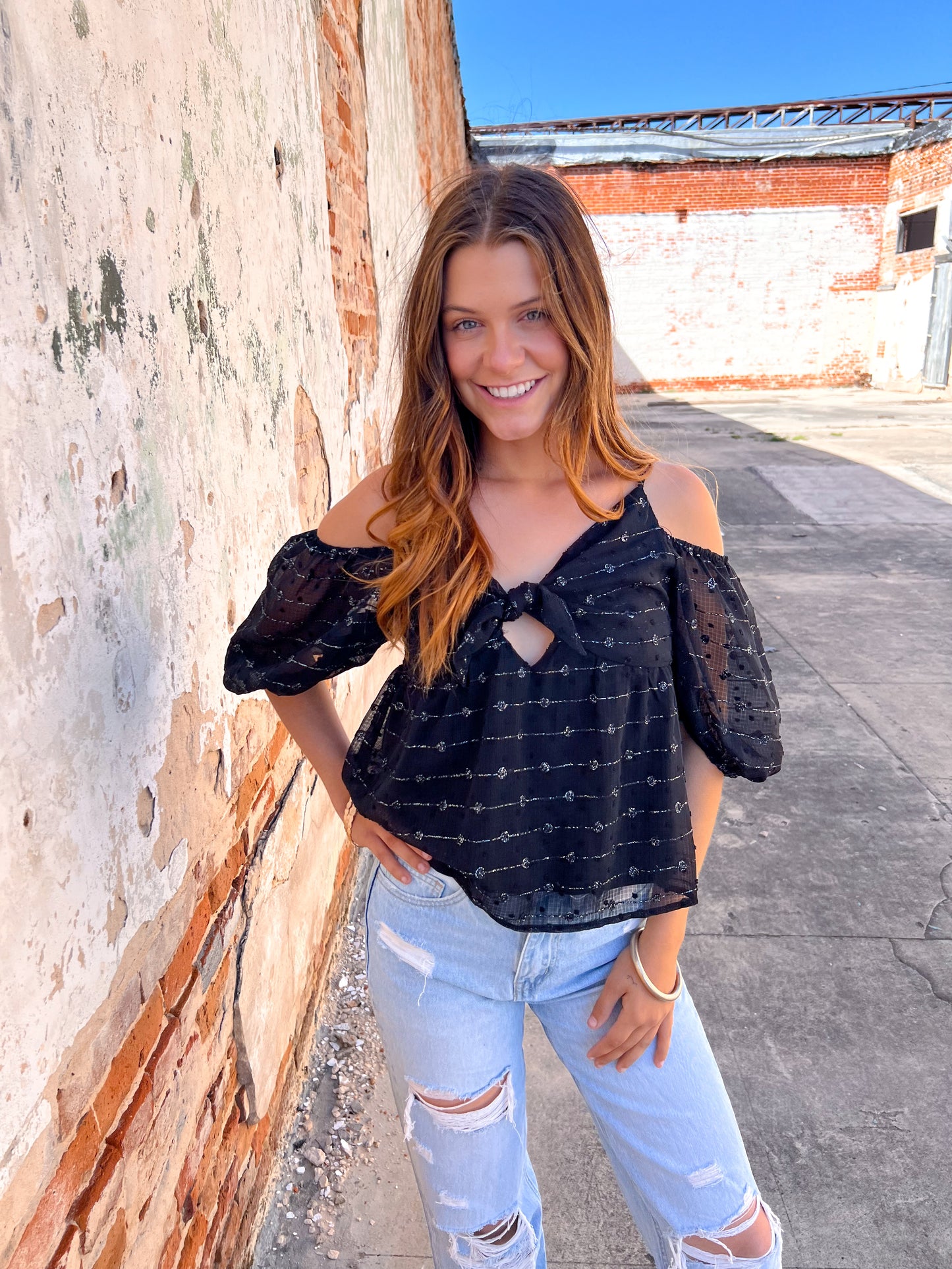 Sarah Textured Top with Bow on Front-TOPS-Andree-04/25,05/27/24,1st md,7/11/23,Max Retail,Mystery L- sbul,Tops Collection,western & concert-The Twisted Chandelier