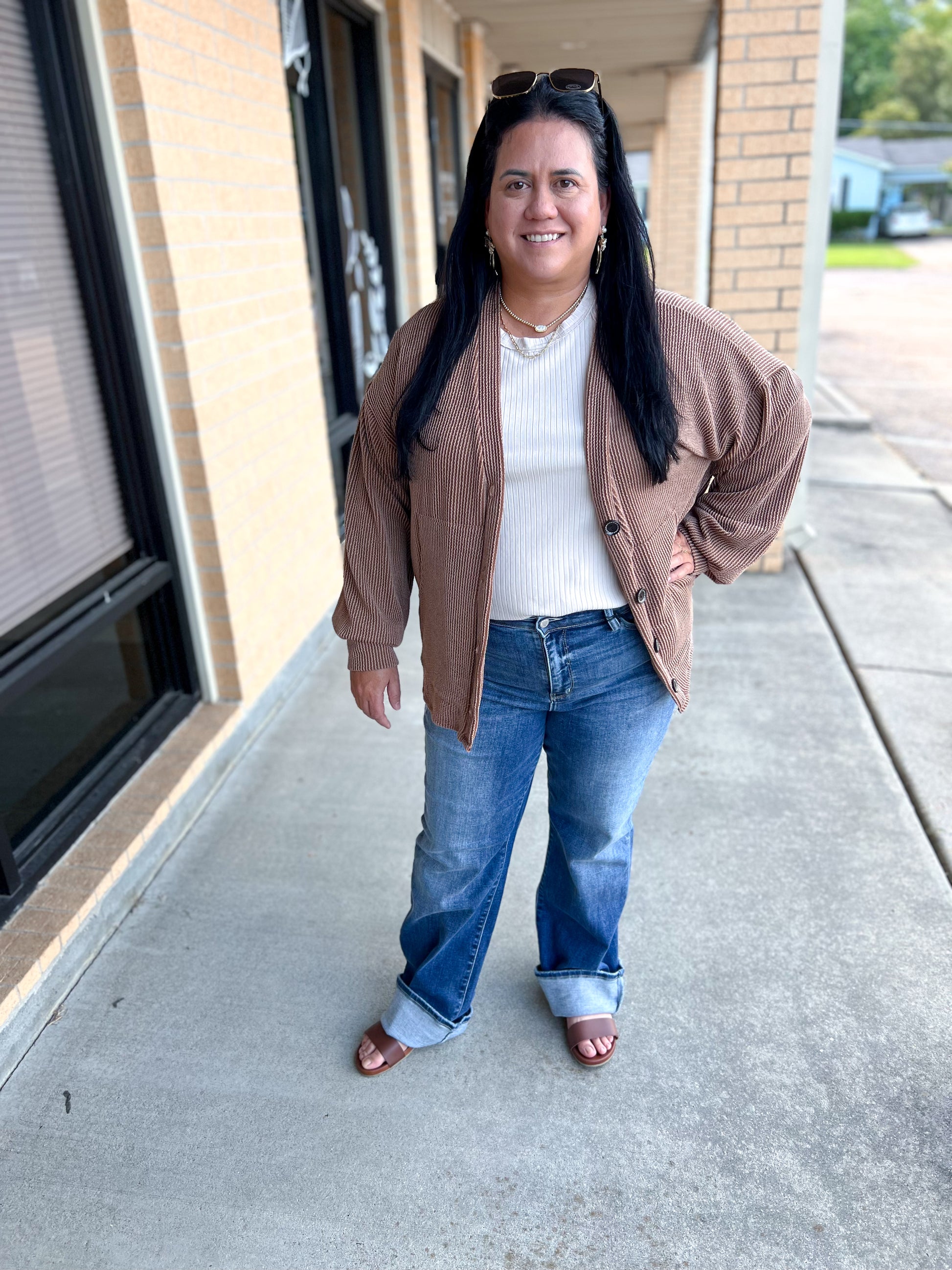 Kate Solid Rib Drop Shoulder Button Balloon Sleeve Cardigan - Chestnut-7th Ray-Bin a4,FD 09/22/25-The Twisted Chandelier