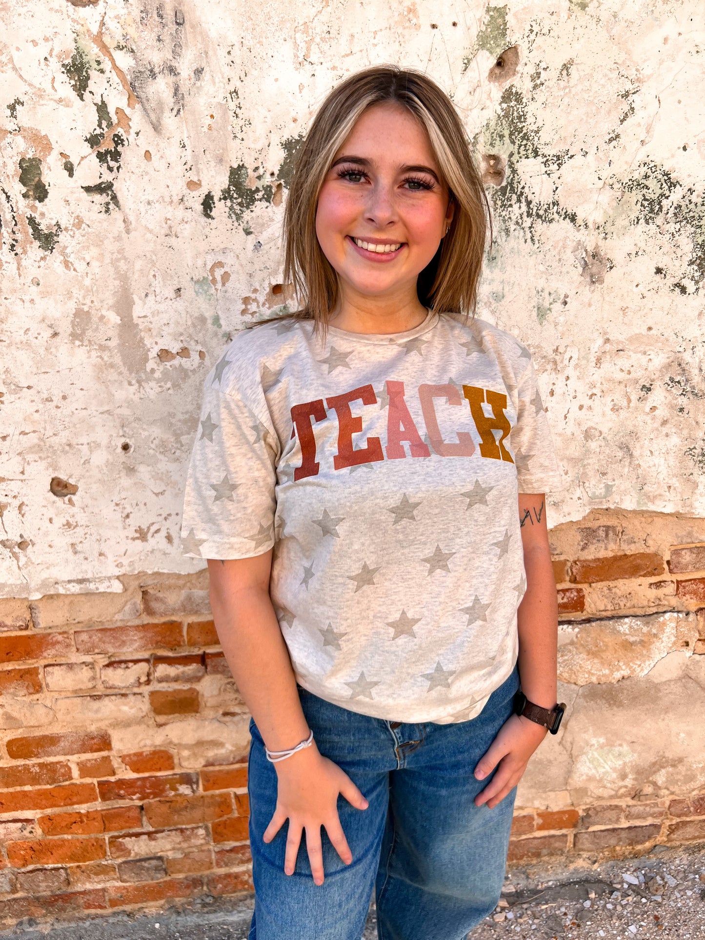 Teach Oatmeal Star Tee Shirt-Shirt-p&pd-04/21/25,05/27/24,11/28/23 md,1st md,Max Retail,Tops Collection-The Twisted Chandelier