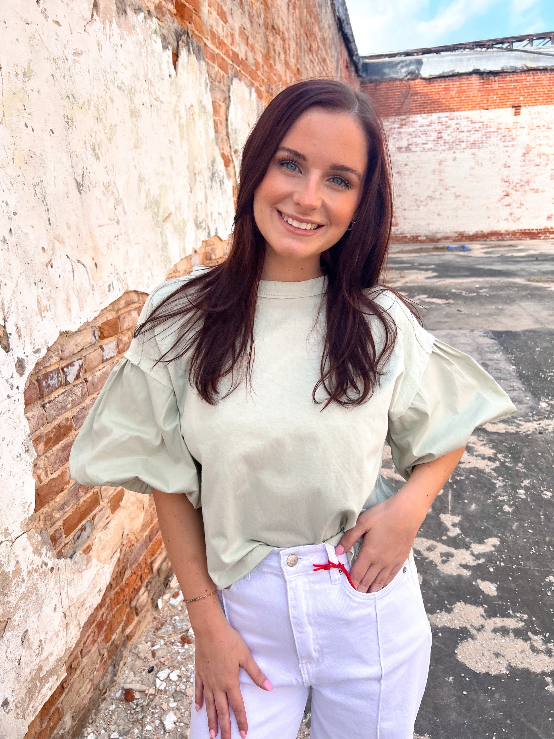 Sage Oversized Cotton Jersey Top With Voluminous Bubble Sleeves-in february-05/14/25,1st md,Fd 03/25/25,OGP 54.95,Tops Collection-The Twisted Chandelier