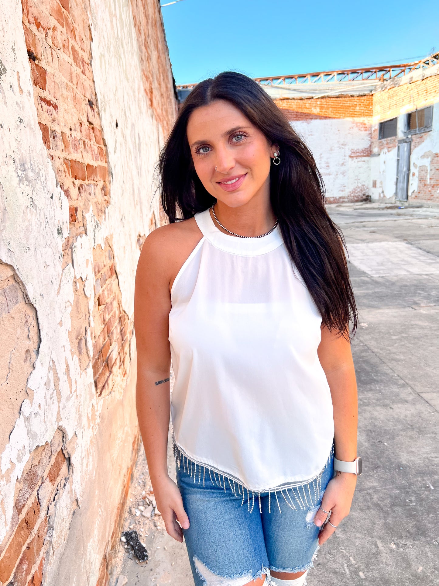 Maelani White Top With Rhinestone Fringe-Shirt-Southern Grace Wholesale-04/21/25,05/25/24,1st md,6/27/23,Max Retail,Tops Collection,western & concert-The Twisted Chandelier