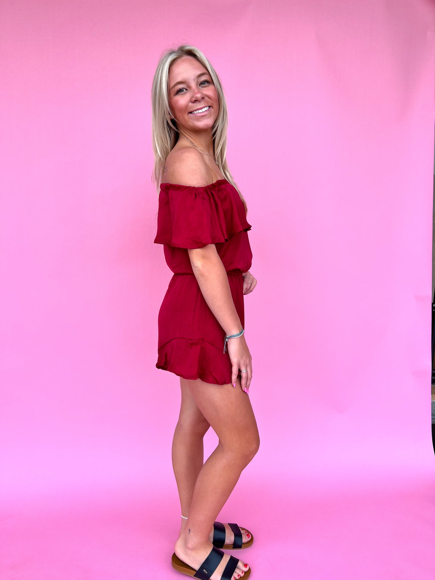 Mila Off The Shoulder Satin Romper-Romper-She & Sky-& Jumpsuits,08/18/24,1st md,DJR,Dresses,gameday,Max Retail,OGP 49.99,Rompers,SS8084-The Twisted Chandelier