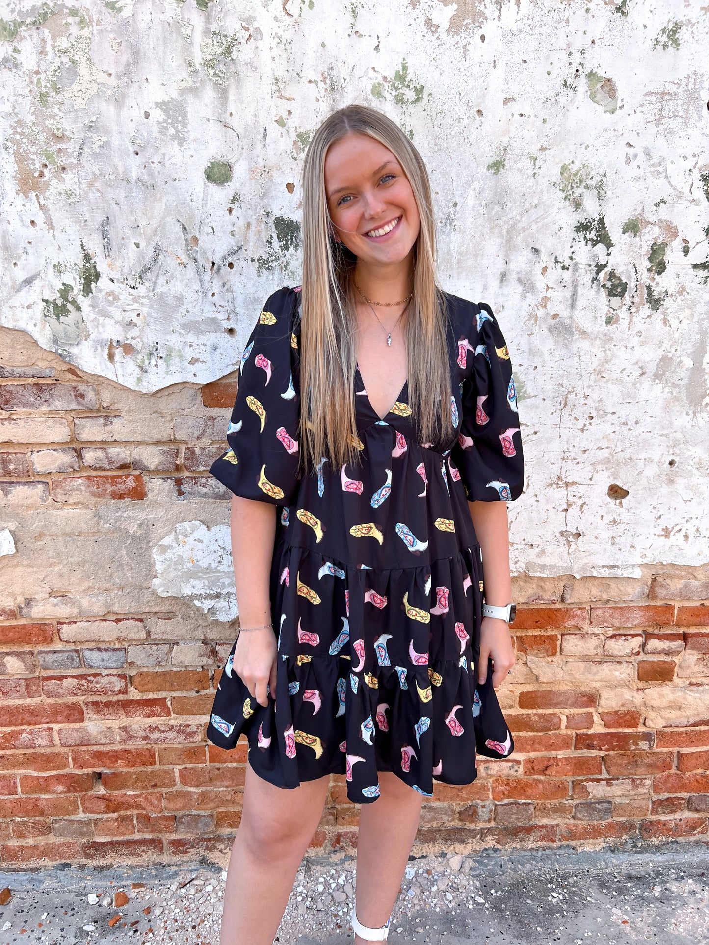 Alma Cowboy Boot Print Woven Dress-Dresses-She & Sky-09/03/24,1st md,Bin b2,DJR,FD 04/23/24,SY5861-The Twisted Chandelier