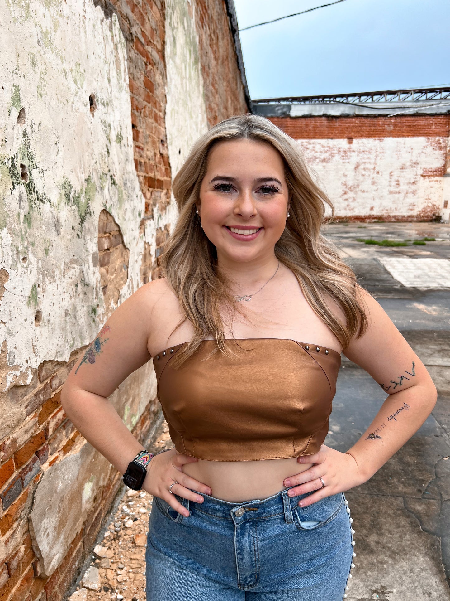 Charlie Faux Leather Studded Buckle Crop Tube Top-Tube Top-blue b.-08/08/24,1st md,34910T,Bin D1,Max Retail,Tops Collection,western & concert-The Twisted Chandelier