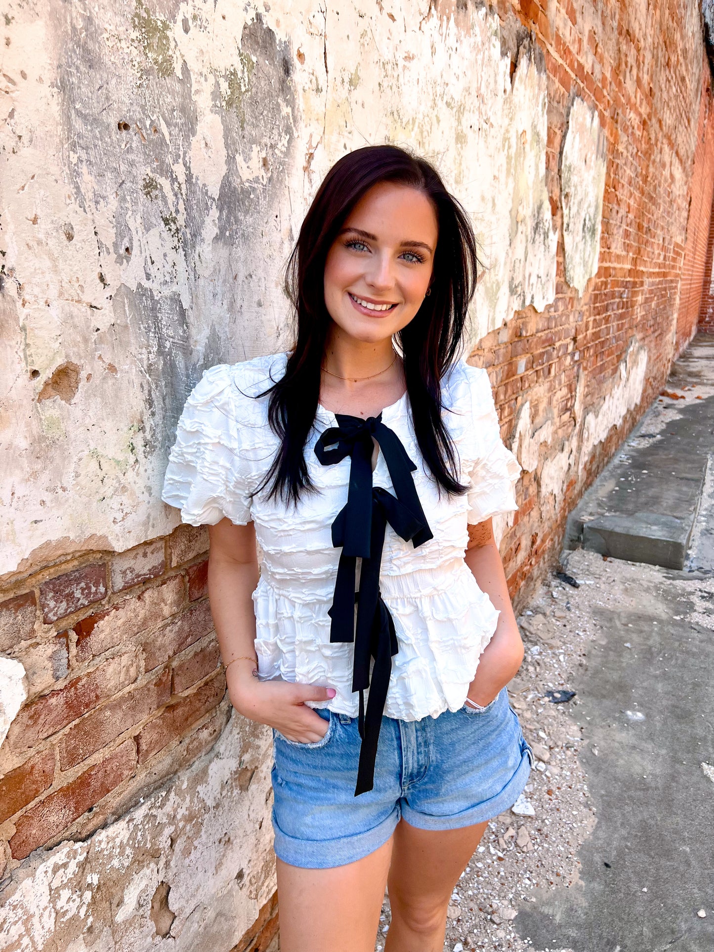 Brooklyn Bubble Babydoll Blouse With Textured Fabric And Contrast Bow-Blouse-idem ditto-1st md,BIN A 3,FD 02/18/25,OGP 54.95,Tops Collection-The Twisted Chandelier