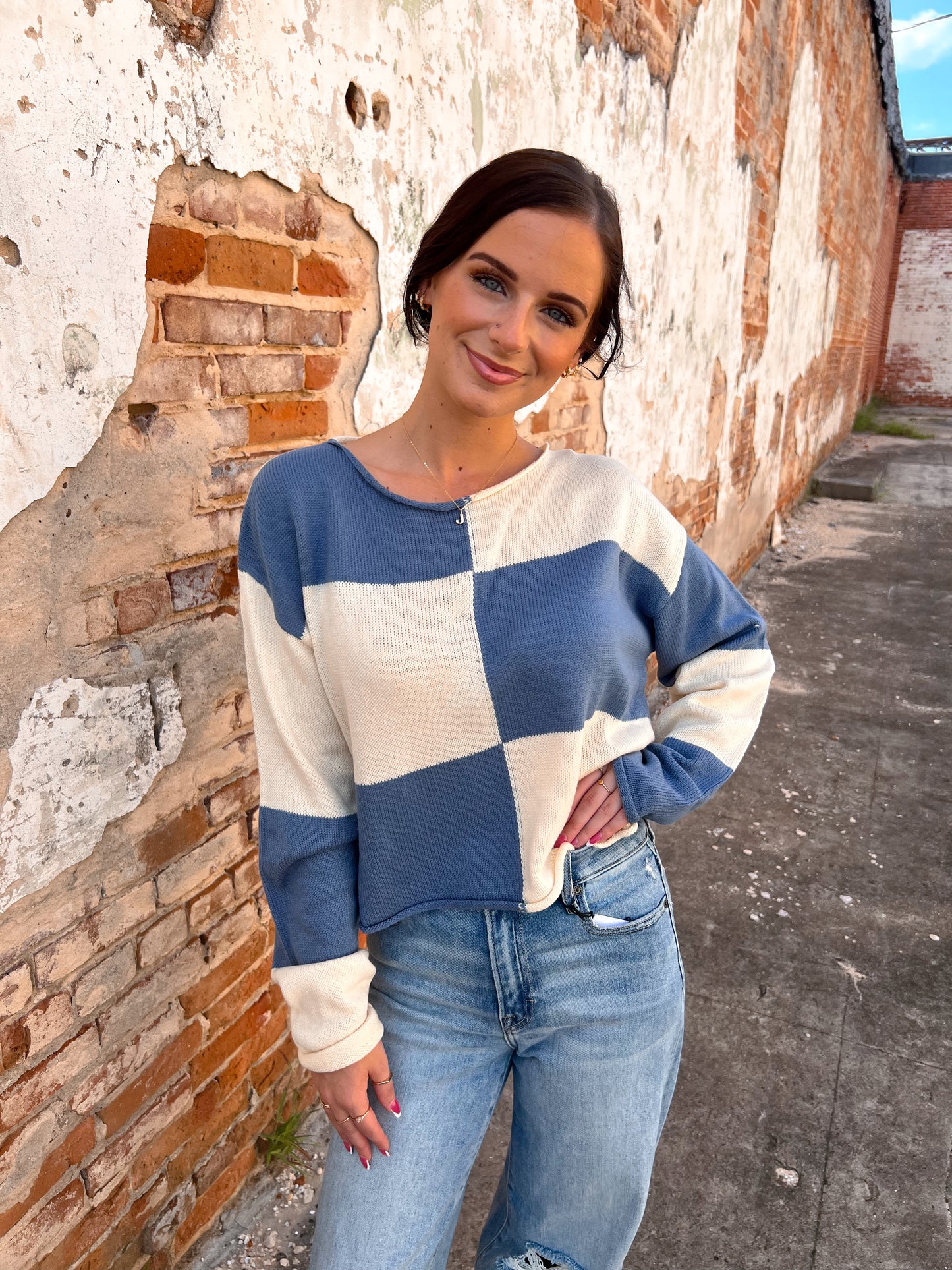 Paige Checkered Sweater Loose Fit Rolled Hem Sweater-La Miel-Bin a1,FD 09/09/25,Sweater,Tops Collection-The Twisted Chandelier