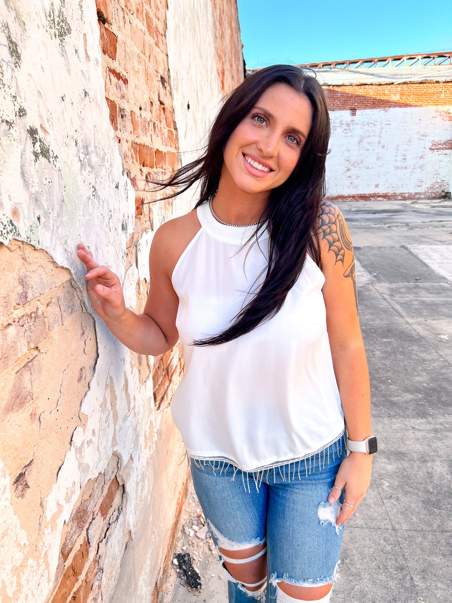 Maelani White Top With Rhinestone Fringe-Shirt-Southern Grace Wholesale-04/21/25,05/25/24,1st md,6/27/23,Max Retail,Tops Collection,western & concert-The Twisted Chandelier