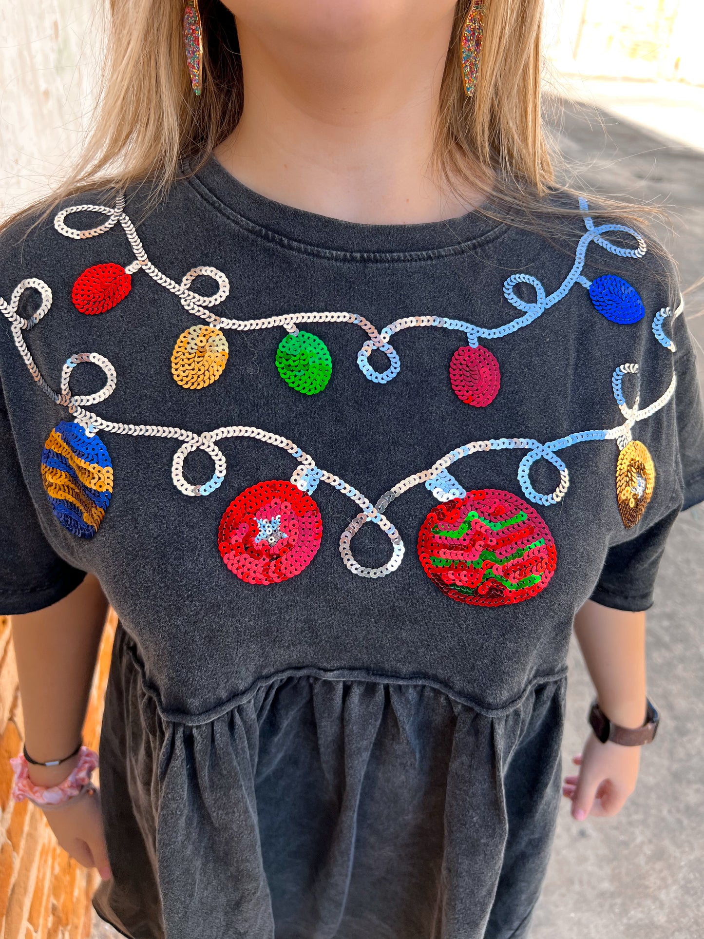 Arabella Christmas Sequin Trim Babydoll Washed Charcoal Dress-Dress-Main Strip-Bin a1,Dresses,Max Retail-The Twisted Chandelier