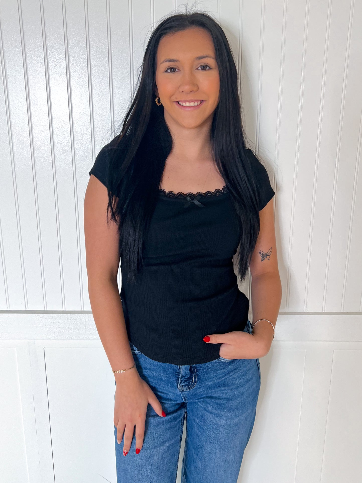 Maven Lace & Bow Trim Ribbed Knit Top - Black-VERY J-Bin B4,FD 8/5/25,OGP 32.50,Tops Collection-The Twisted Chandelier