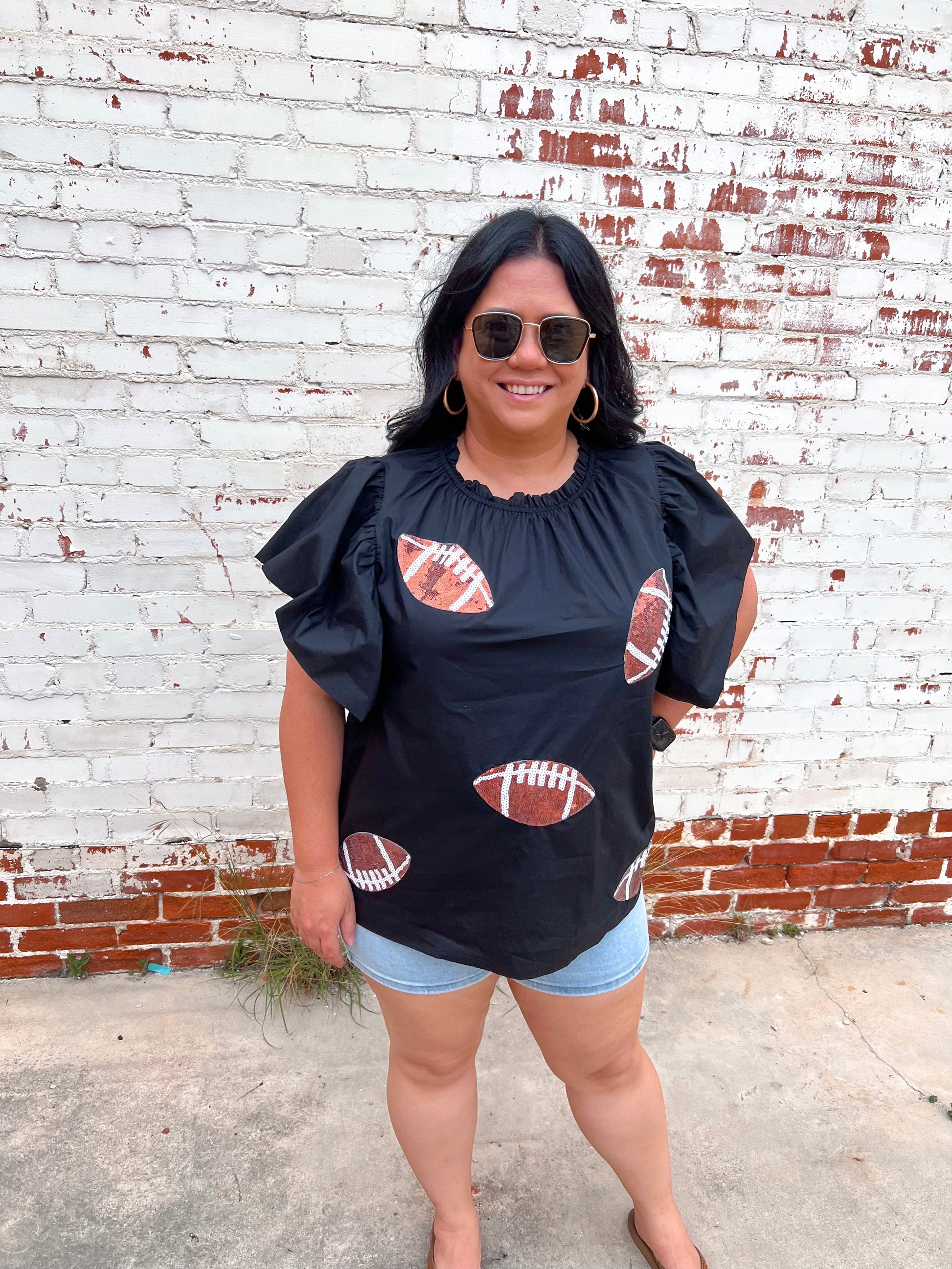 Football Sequin Patch Solid Poplin Blouse - Plus-BLOUSE TOP-oddi-10/11/24,1st md,Bin C3,Cr05/29/24,gameday,IT16963,Max Retail,OGP 49.99,Tops Collection-The Twisted Chandelier