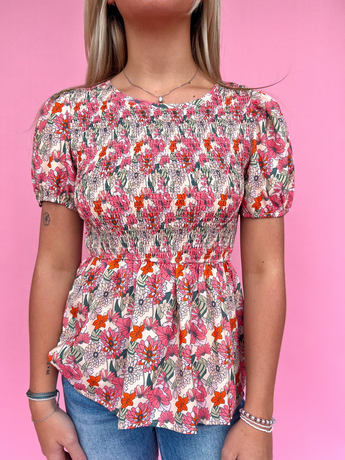 Floral Smocked Blouse-top-Southern Grace Wholesale-12/26/24,1st md,7896B,BIN A5,Max Retail,Tops Collection-The Twisted Chandelier