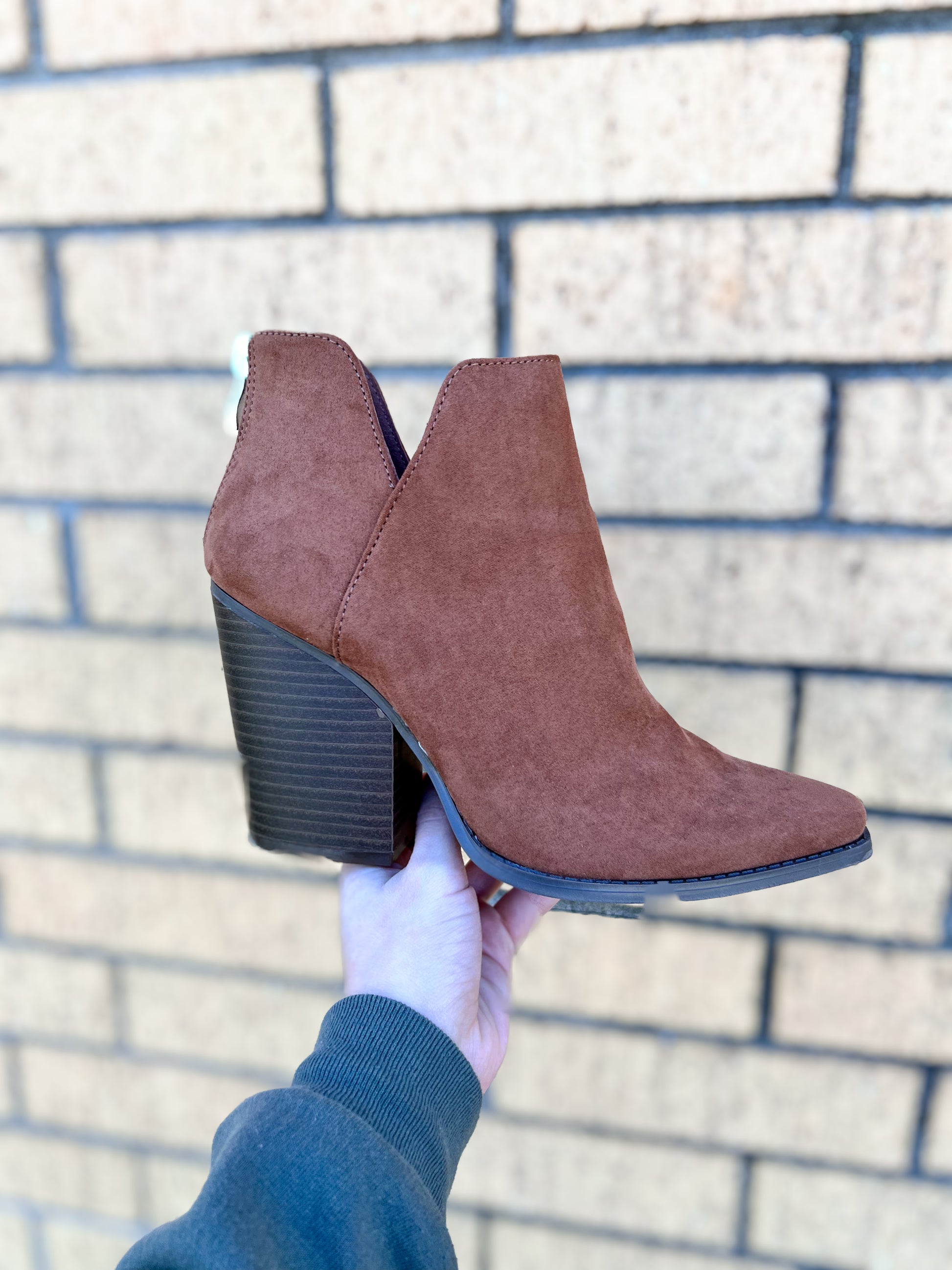 Camel Faux Suede Bootie-Boots-Qupid-04/25,05/27/24,09/12/23,1st md,Max Retail-The Twisted Chandelier