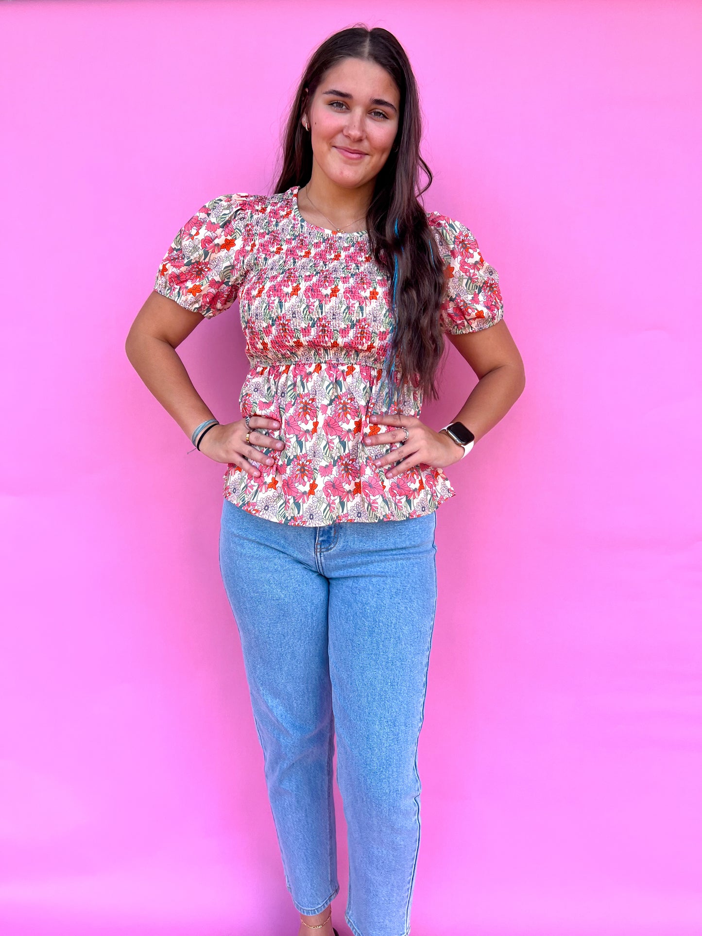 Floral Smocked Blouse-top-Southern Grace Wholesale-12/26/24,1st md,7896B,BIN A5,Max Retail,Tops Collection-The Twisted Chandelier