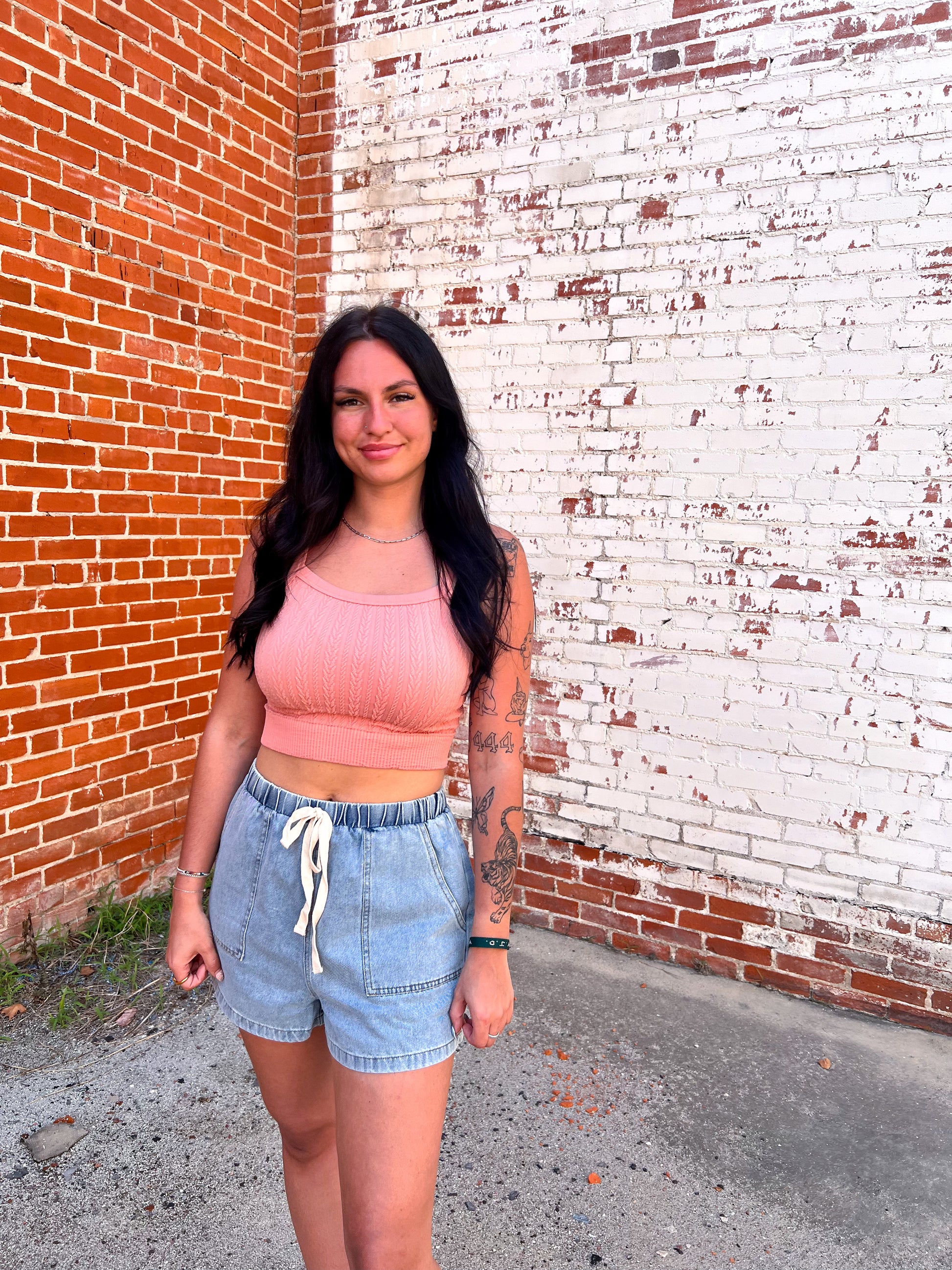 Brenda Washed Denim Shorts with Elastic Waist Band-She & Sky-06/30/25,1st md,Bin C5,bottoms,FD 06/03/25,OGP 49.99,Shorts,SY8960-The Twisted Chandelier