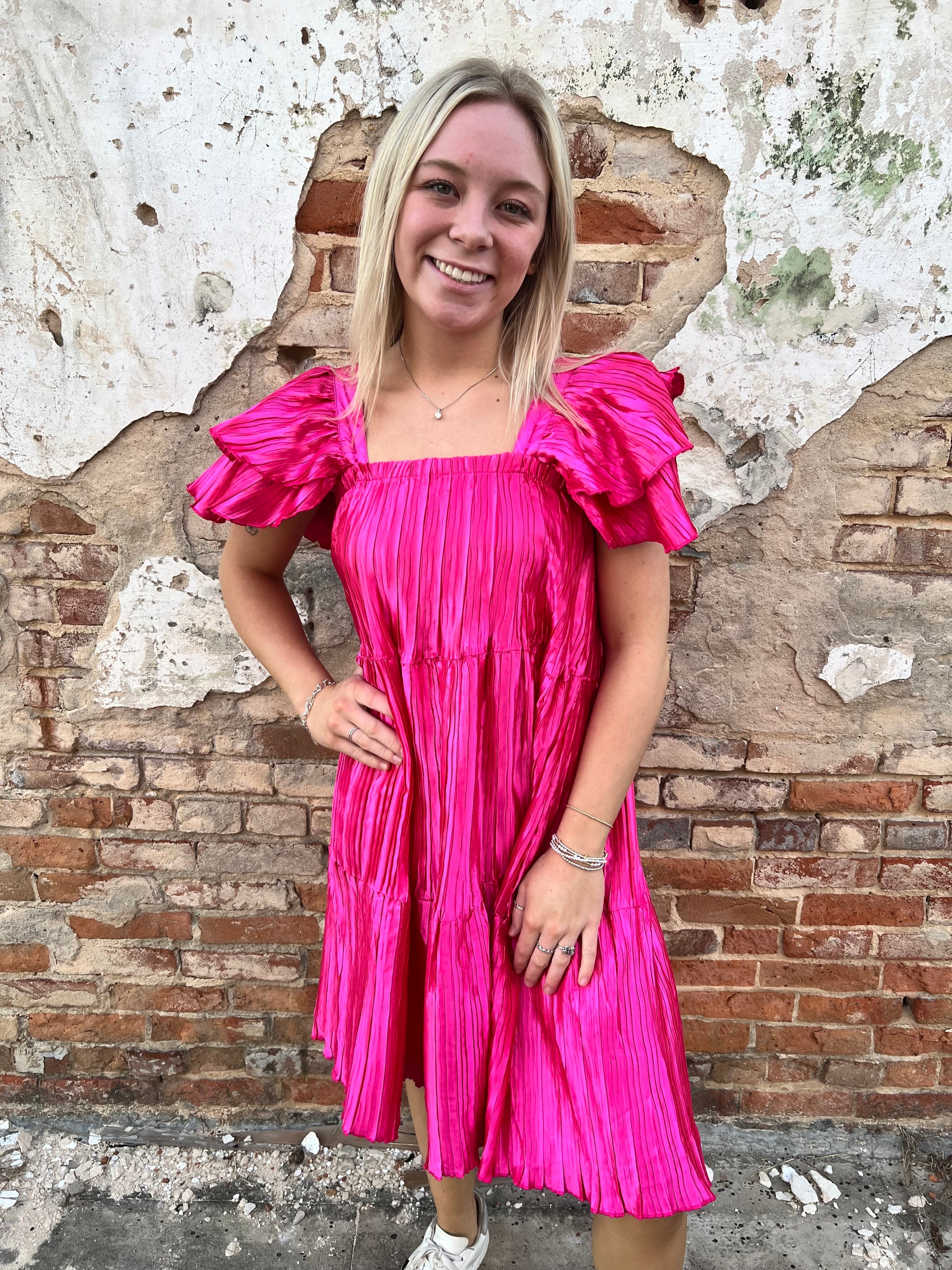 Kendall Pleated Versi Dress - Pink-Dresses-Southern Grace Wholesale-06/24/25,1st md,BIN A5,DJR,FD 01/07/25-The Twisted Chandelier