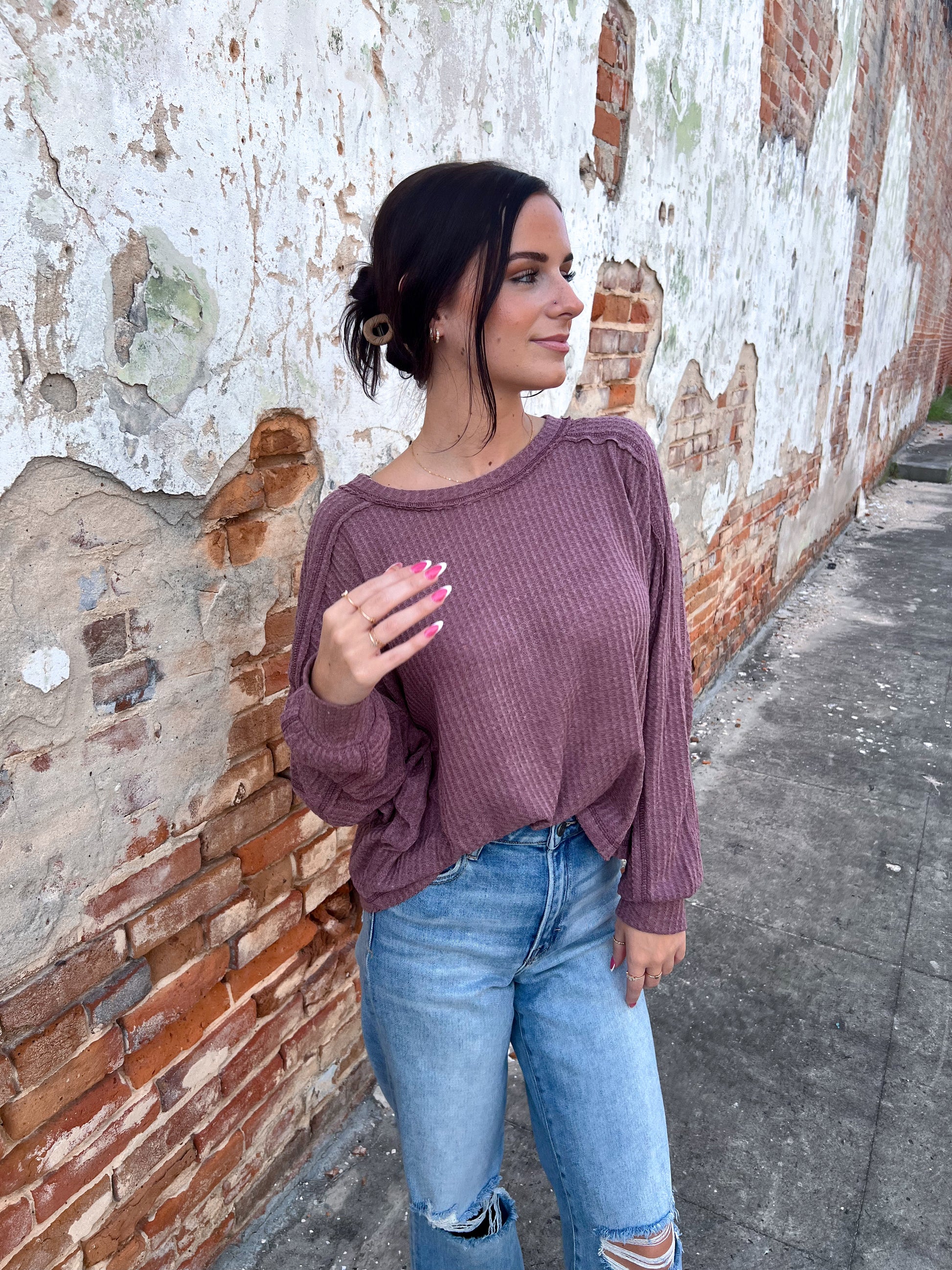 Everly Brushed Waffle Fabric Loose Fit Long Sleeve Top-La Miel-Bin a1,FD 8/5/25,HAT7565,Tops Collection-The Twisted Chandelier