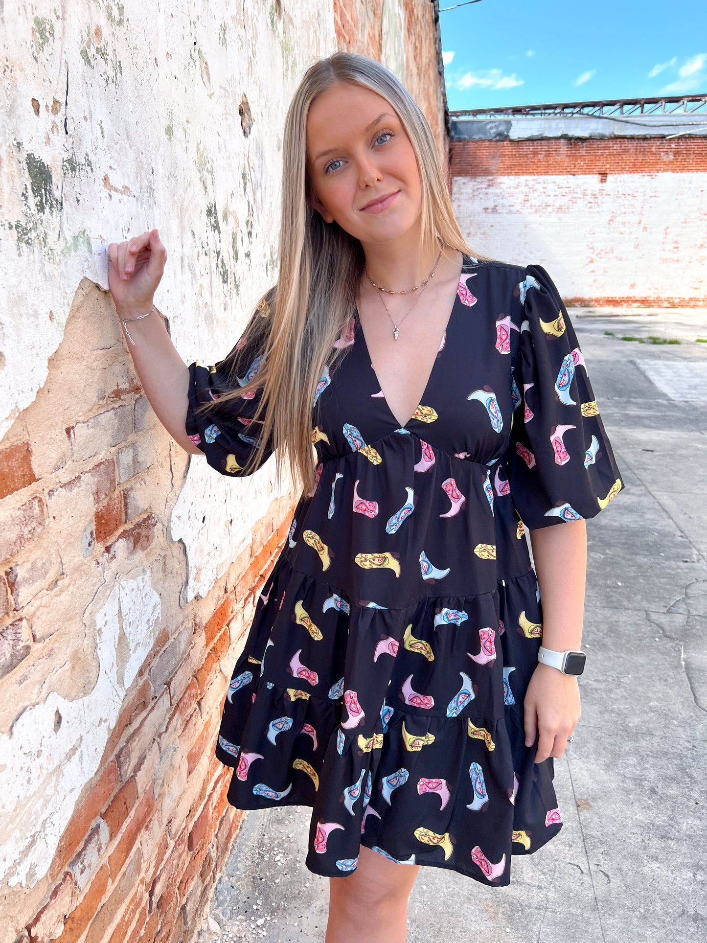 Alma Cowboy Boot Print Woven Dress-Dresses-She & Sky-09/03/24,1st md,Bin b2,DJR,FD 04/23/24,SY5861-The Twisted Chandelier