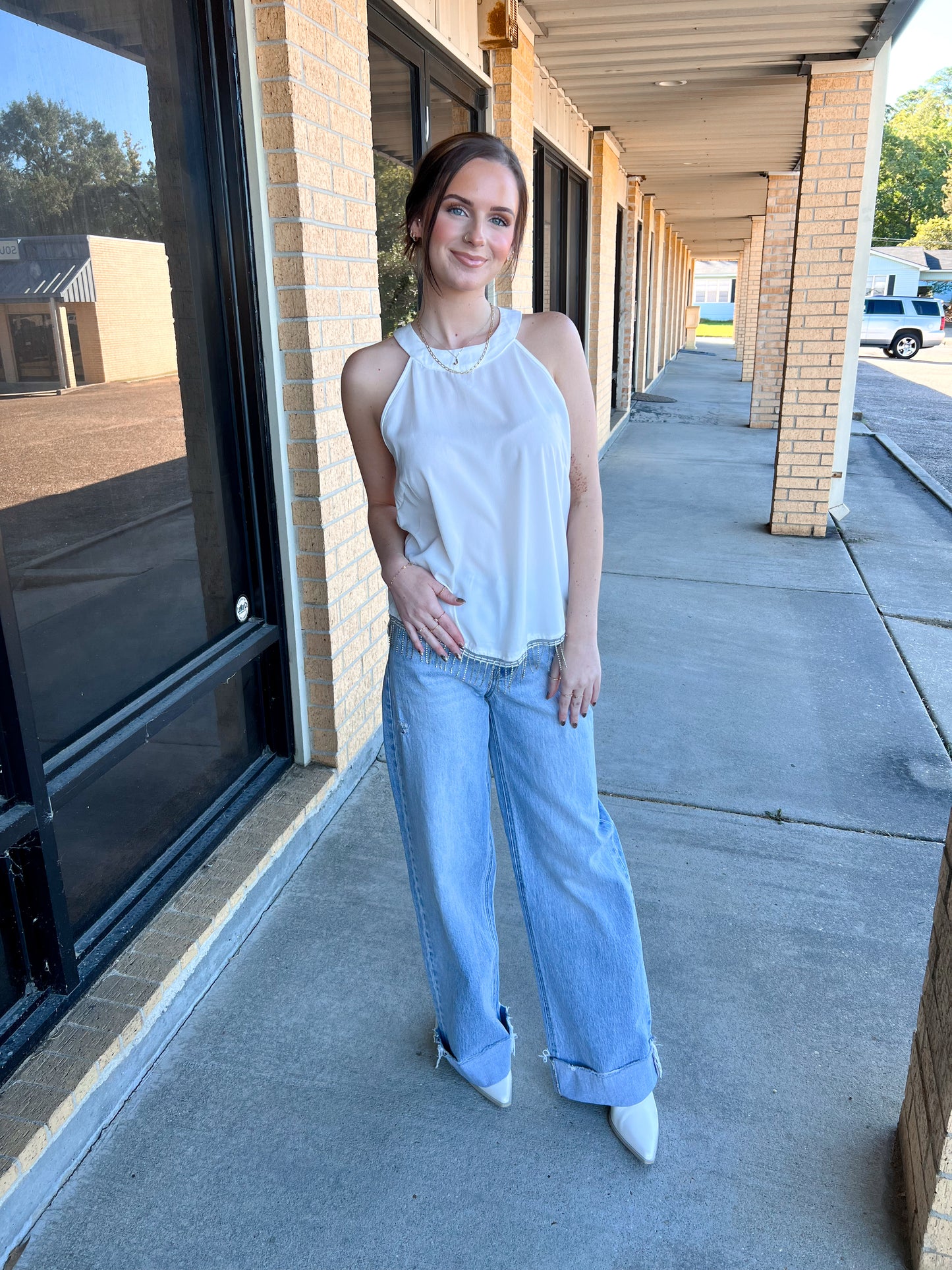 Maelani White Top With Rhinestone Fringe-Shirt-Southern Grace Wholesale-04/21/25,05/25/24,1st md,6/27/23,Max Retail,Tops Collection,western & concert-The Twisted Chandelier
