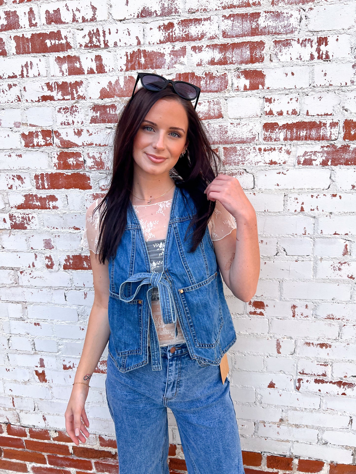 Kassie Denim Front Tie Vest-vest-Listicle-1st md 6/11,Bin B5,CR 05/10/25,OGP 54.95,Tops Collection-The Twisted Chandelier