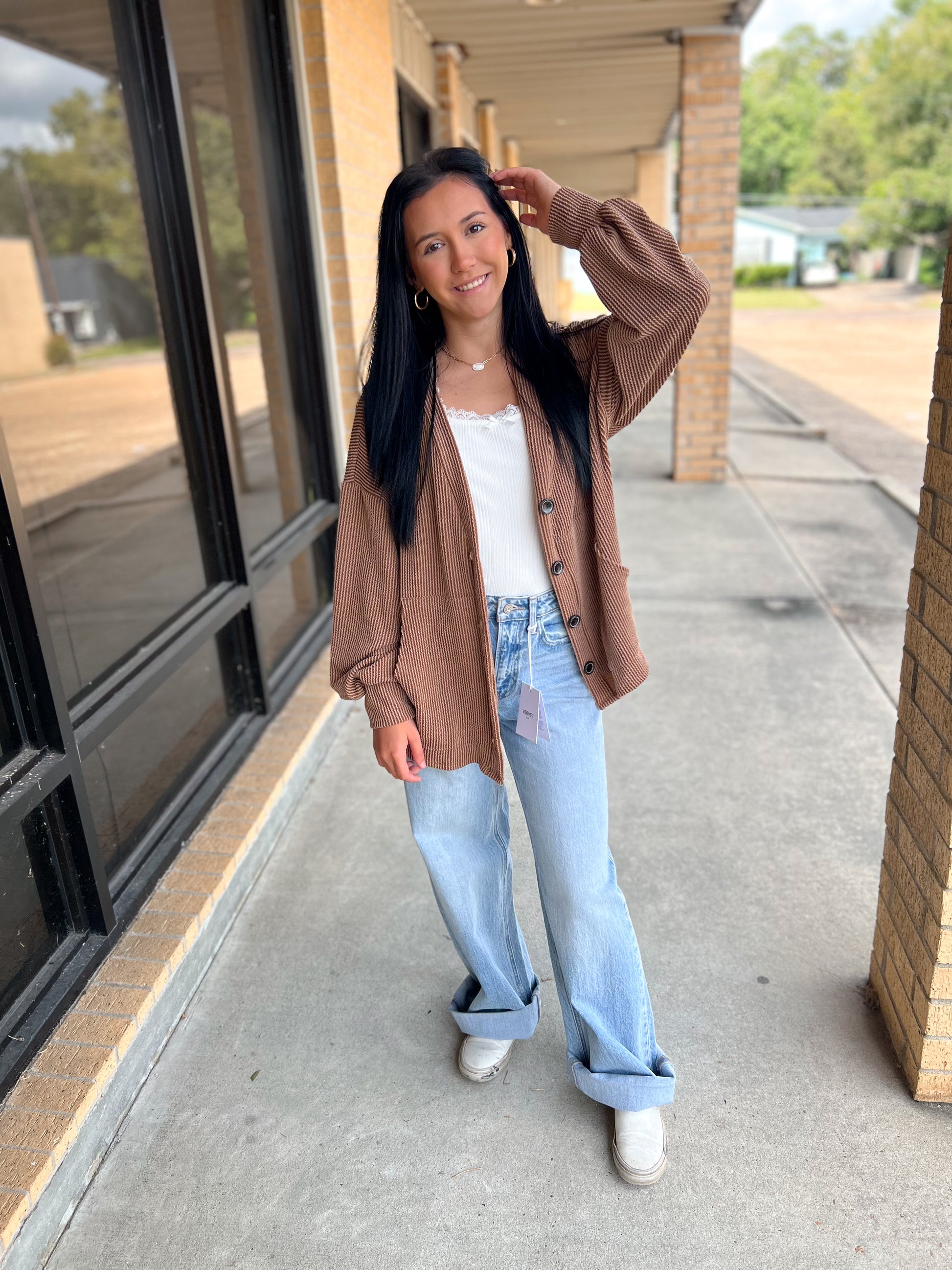 Kate Solid Rib Drop Shoulder Button Balloon Sleeve Cardigan - Chestnut-7th Ray-Bin a4,FD 09/22/25-The Twisted Chandelier